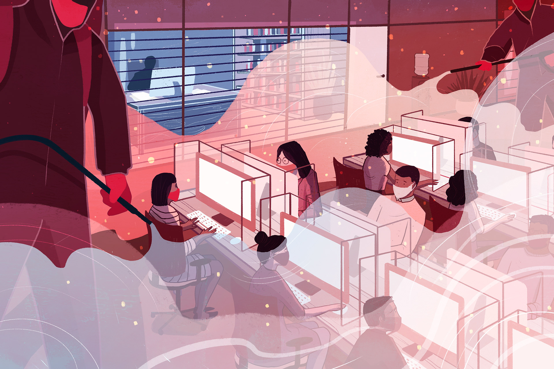 People in hazmat suits spray disinfectant over an office of workers wearing masks, working between dividers