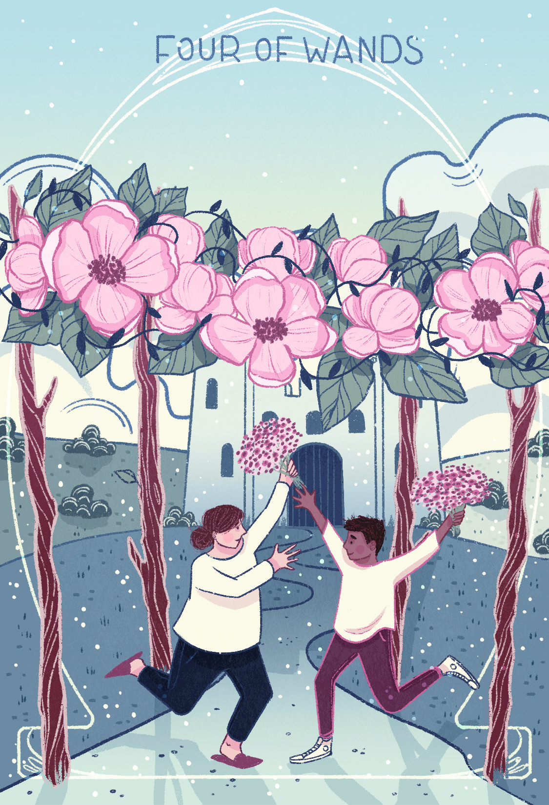 two children dancing under a flower arch