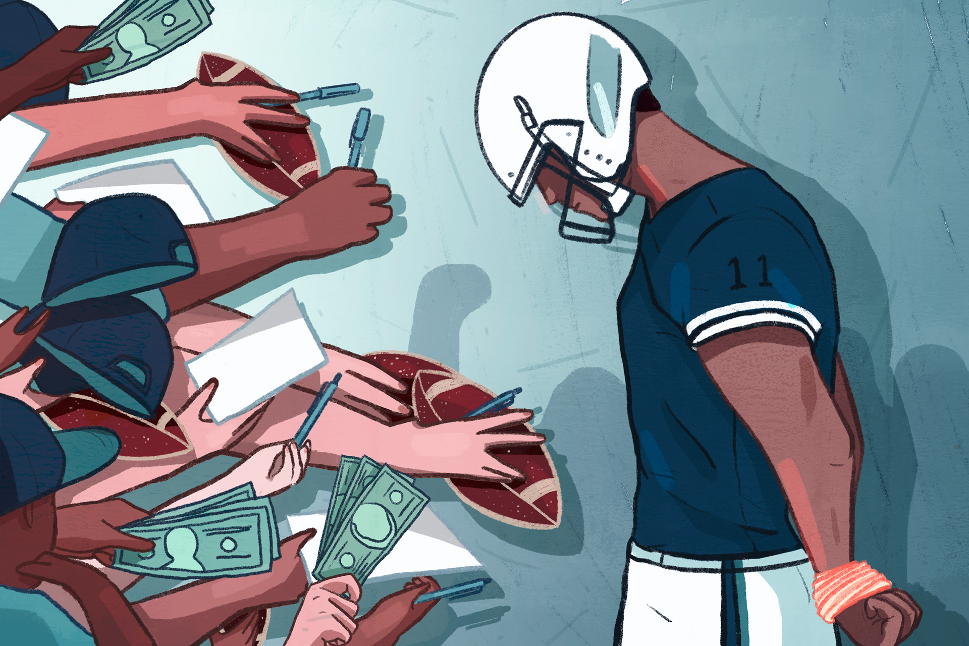 Hands reaching towards a college football player for autographs, contracts, and sponsorships but their hands are tied