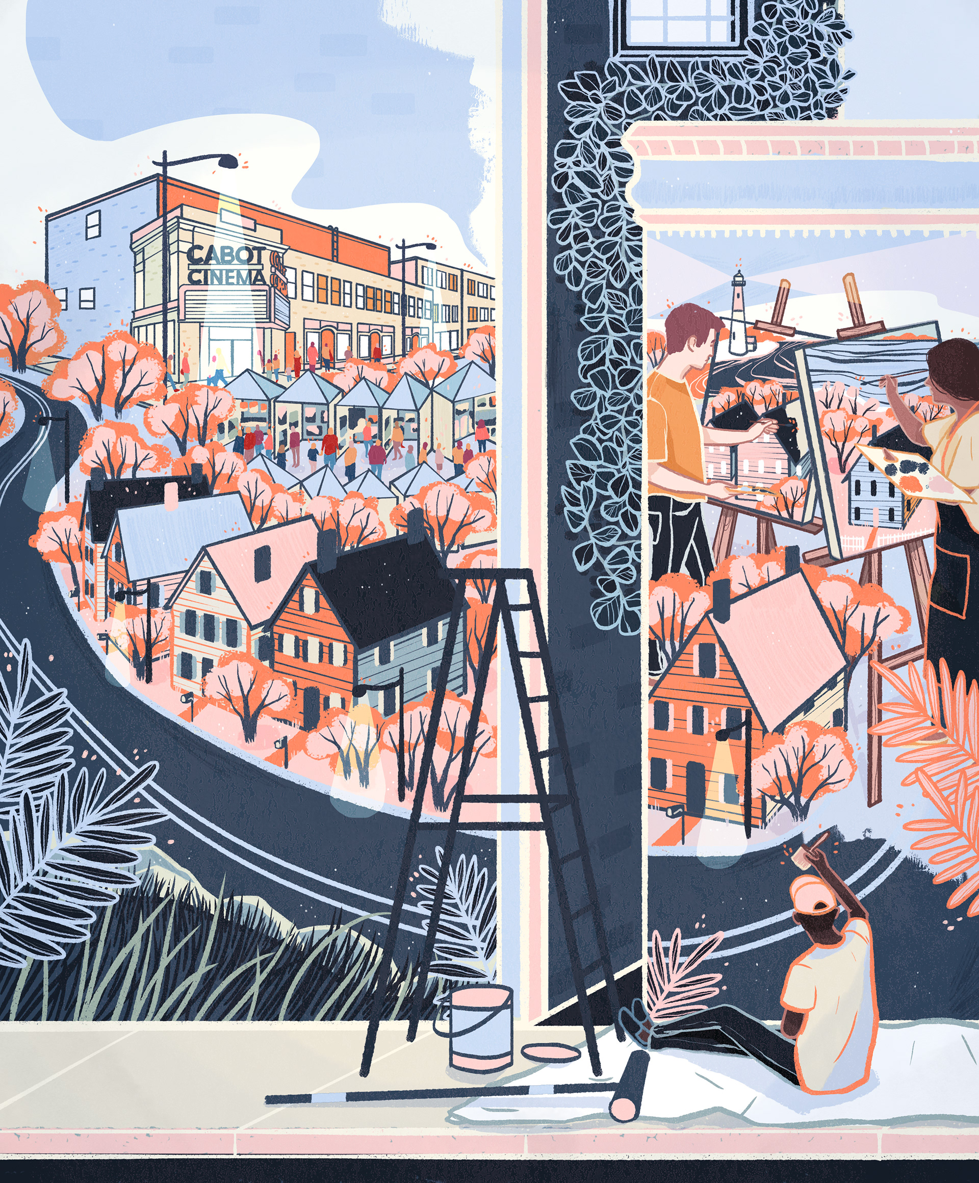 an illustration of a person painting a mural of the arts in massachusettes