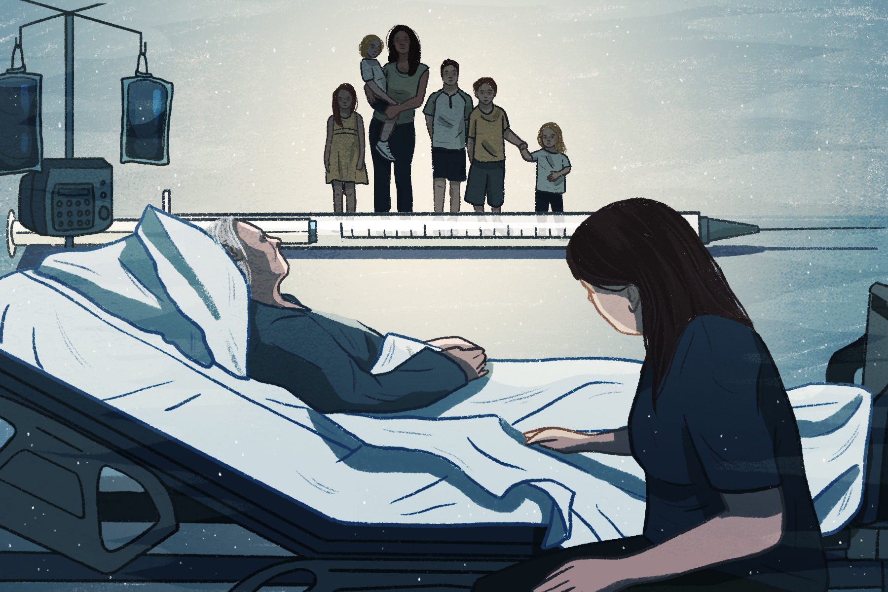 A woman sitting at her fathers hospice bed while her sister and her family stand separated by a covid vaccine, unable to join them