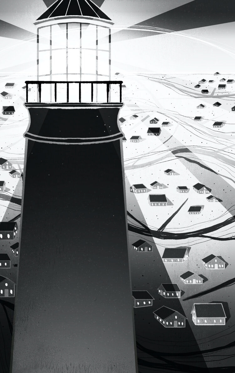 black and white illustration of a lighthouse overlooking small houses