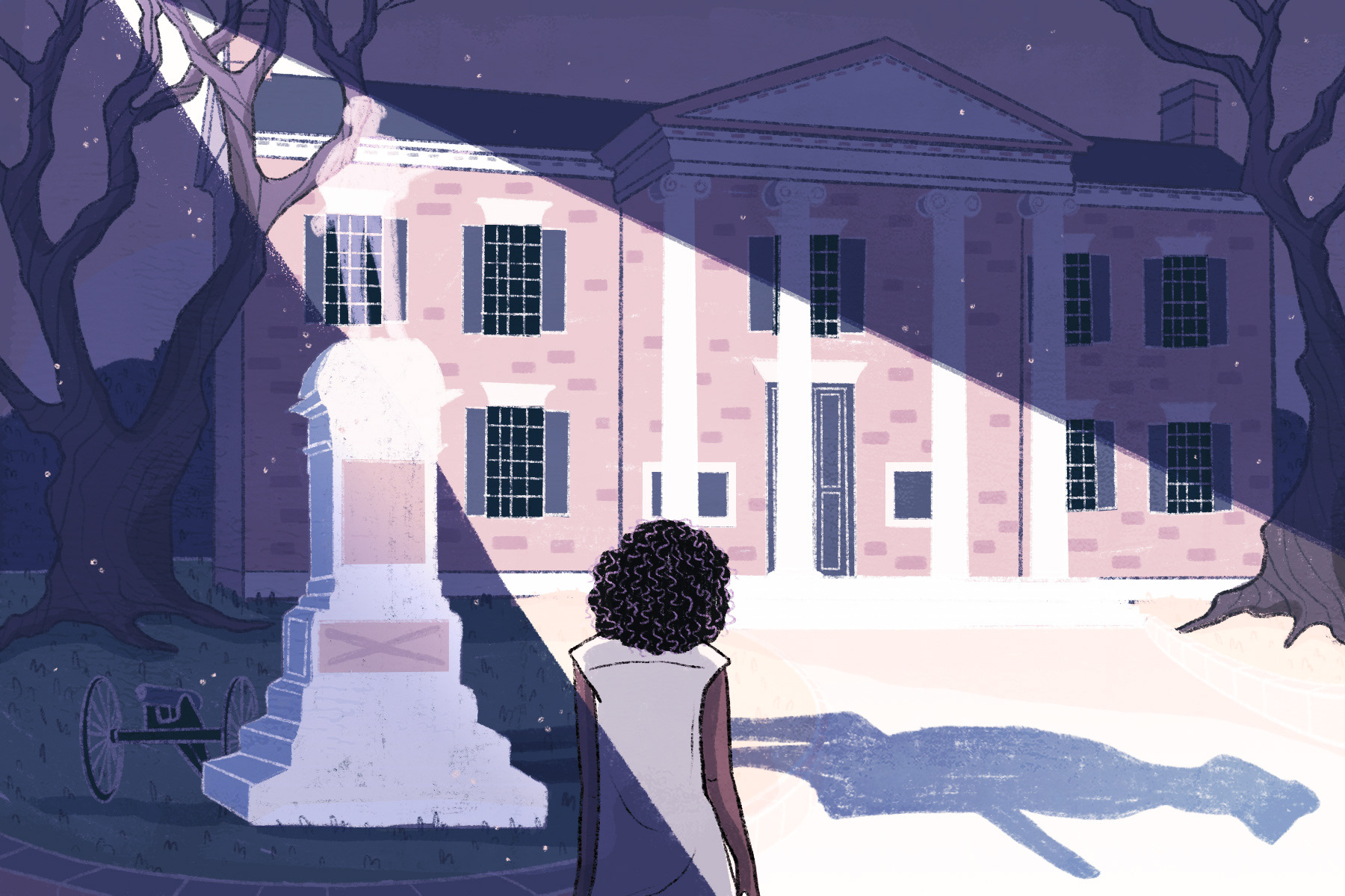 Woman standing in front of courthouse, blocked by shadow of confederate monument