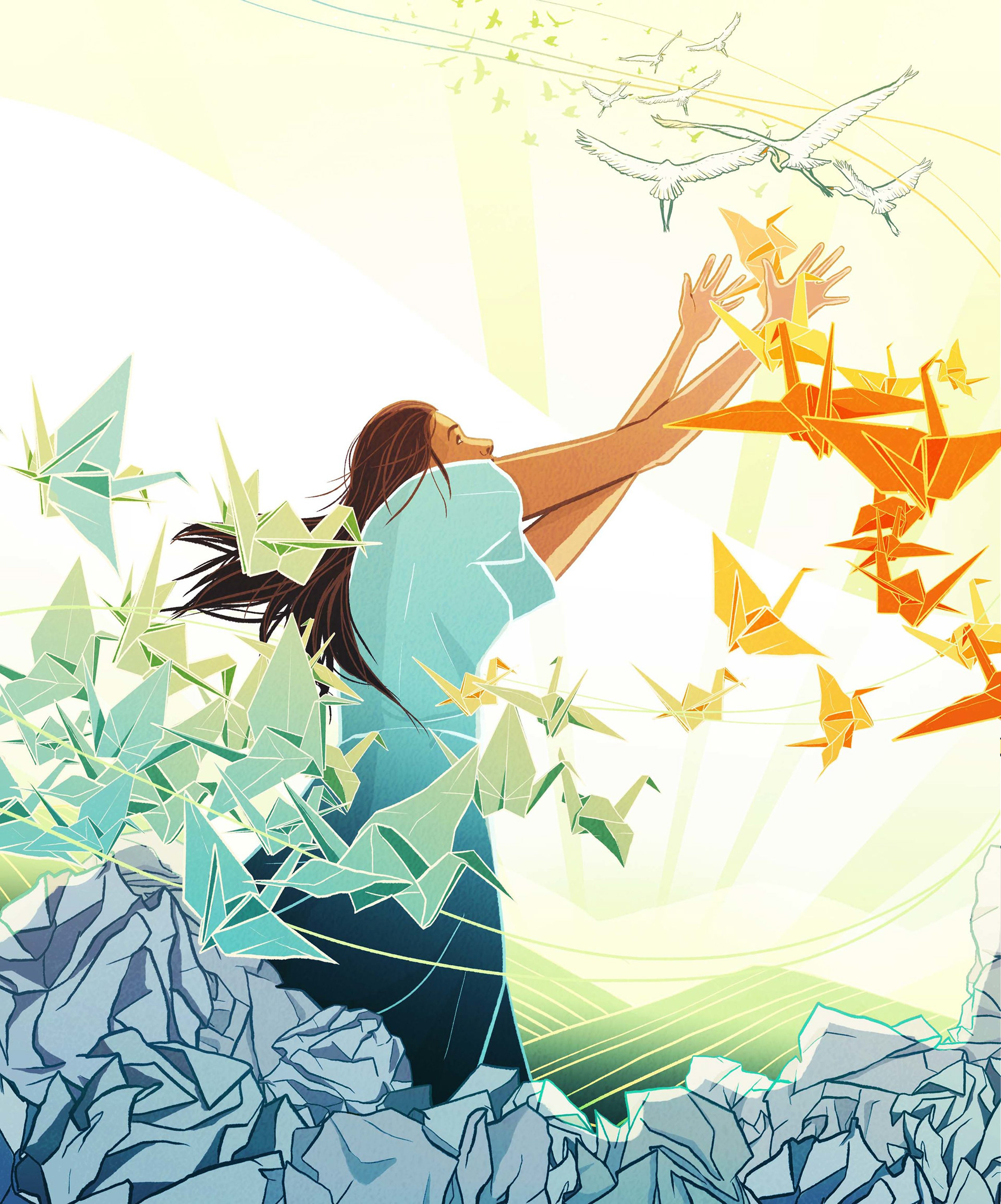 illustration of a woman throwing origami cranes into the sky where they turn into real cranes and fly away