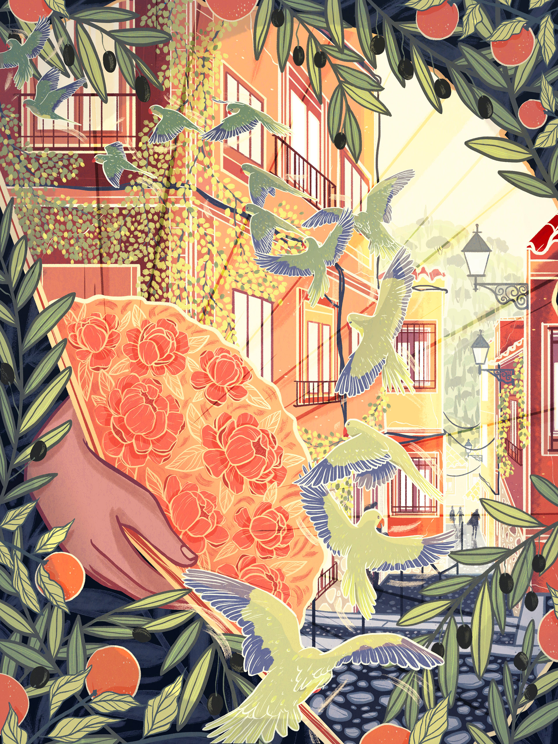 an illustration of an alley in madrid inside of a fan surrounded by oranges