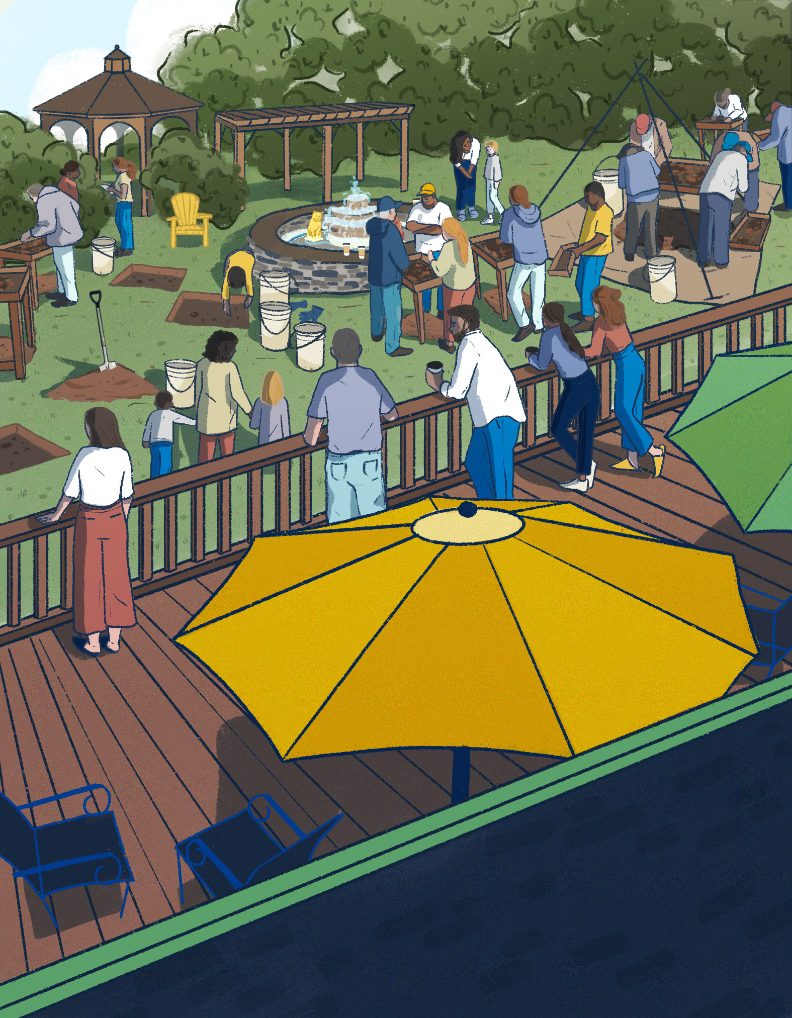 People drinking coffee on the patio of the cafe, watching the archeological dig take place