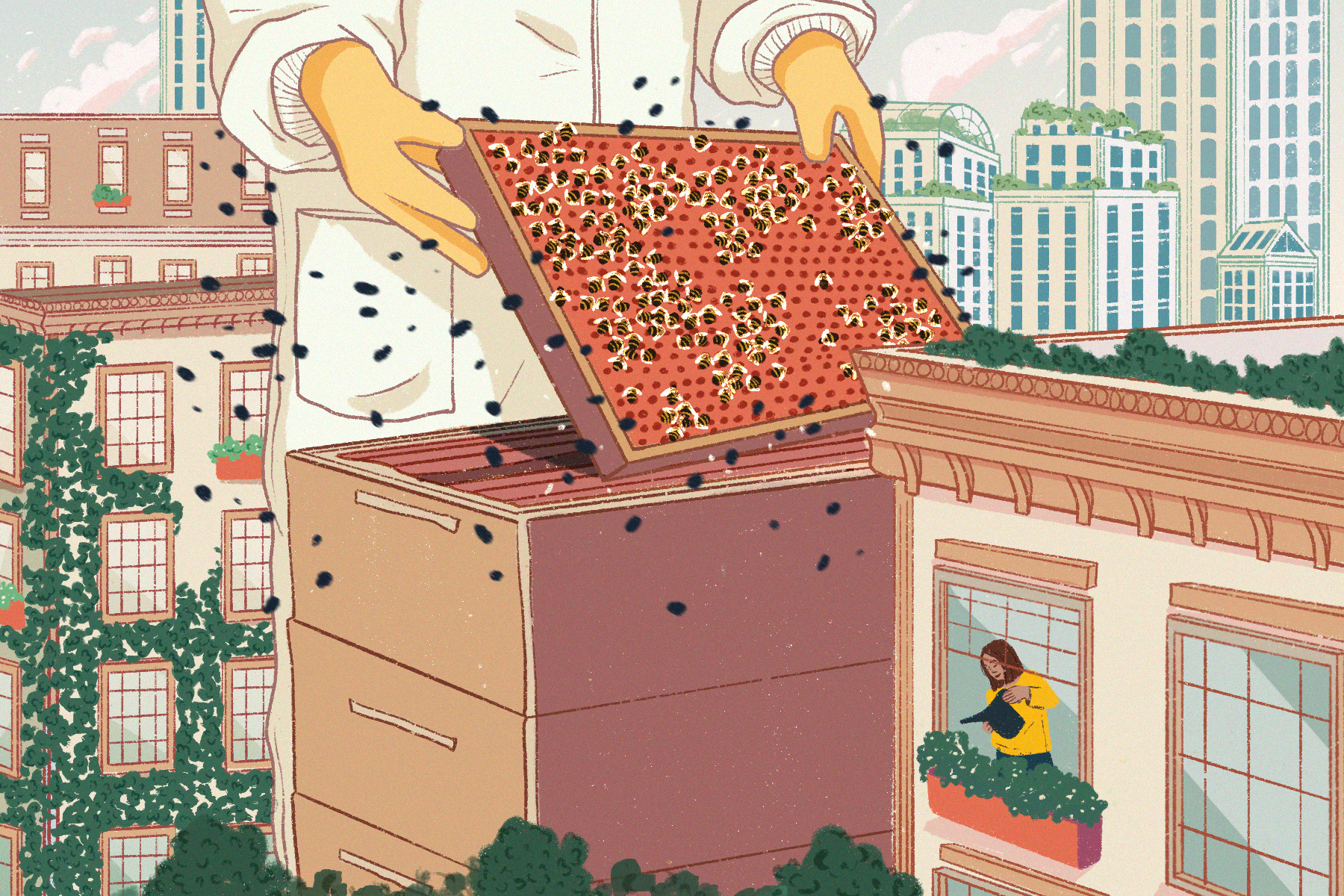A giant beekeeper with a bee box in the middle of a city