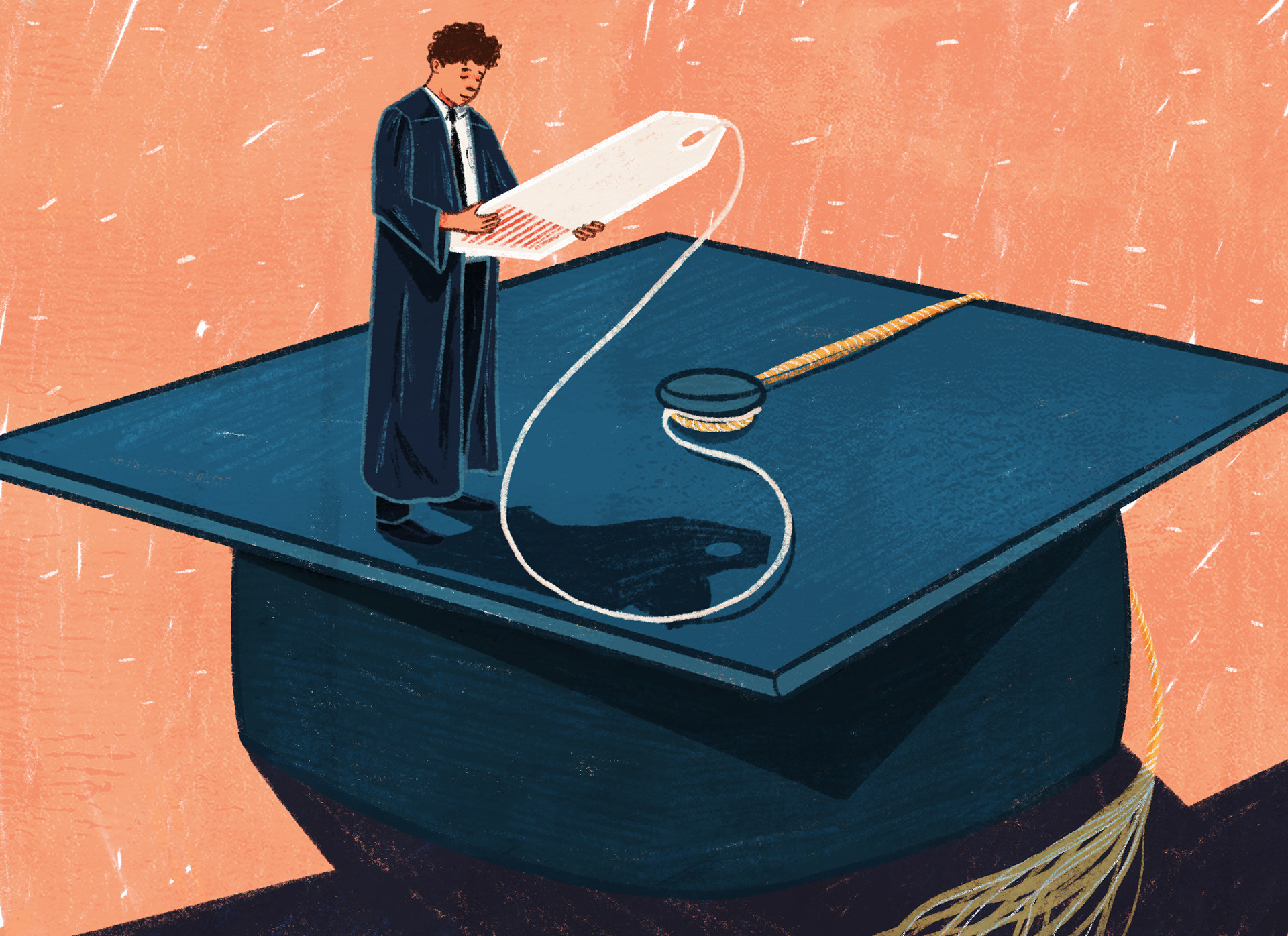 illustration of a student standing on his graduation cap, looking at the price tag attached to the tassel
