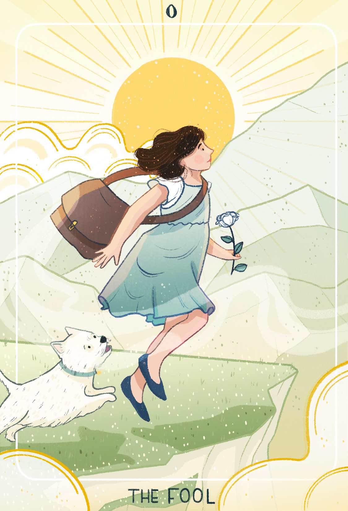 Girl skipping with a white flower and a white dog