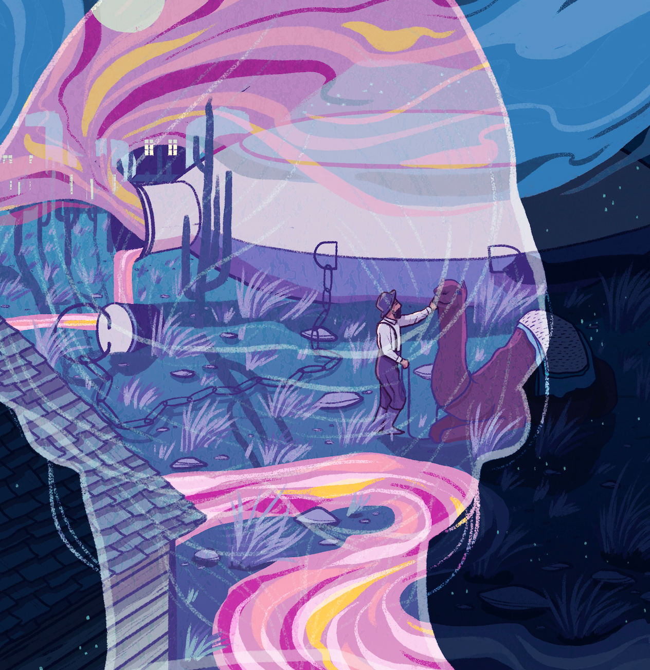 A man tending to his camel next to a giant canteen spilling into the desert