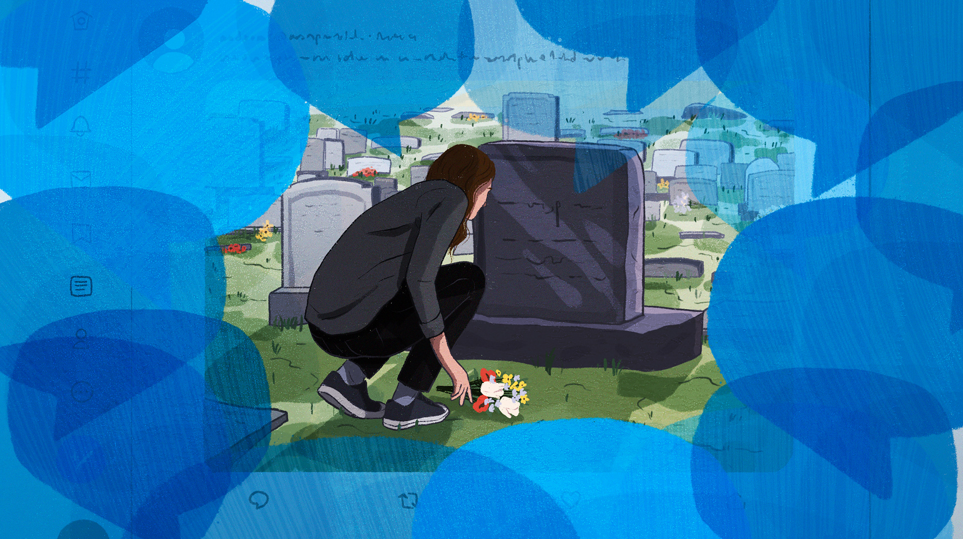 Woman laying flowers on grave in cemetery, surrounded by Twitter speech bubbles