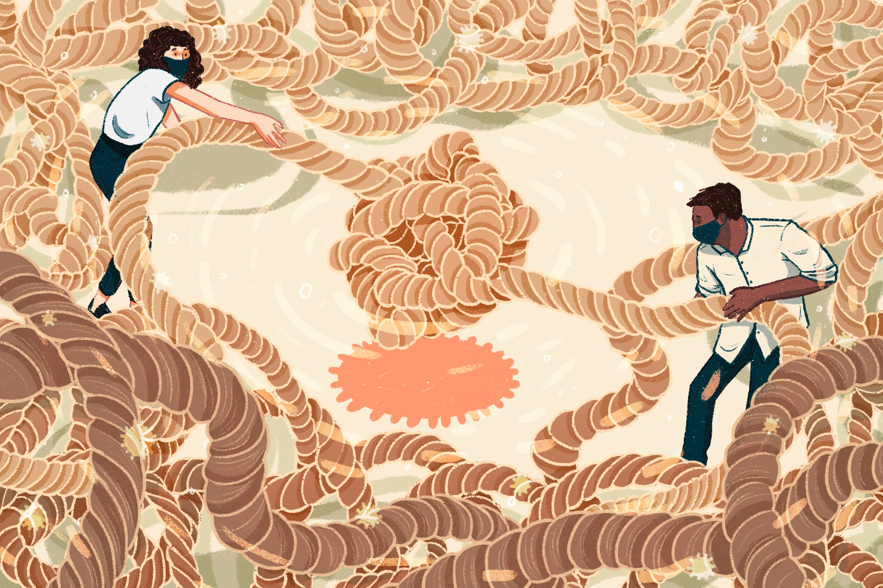 A masked couple unraveling a tied knot, creating a covid shadow