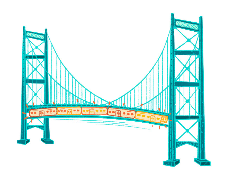 train going over ben franklin bridge from new jersey to philly