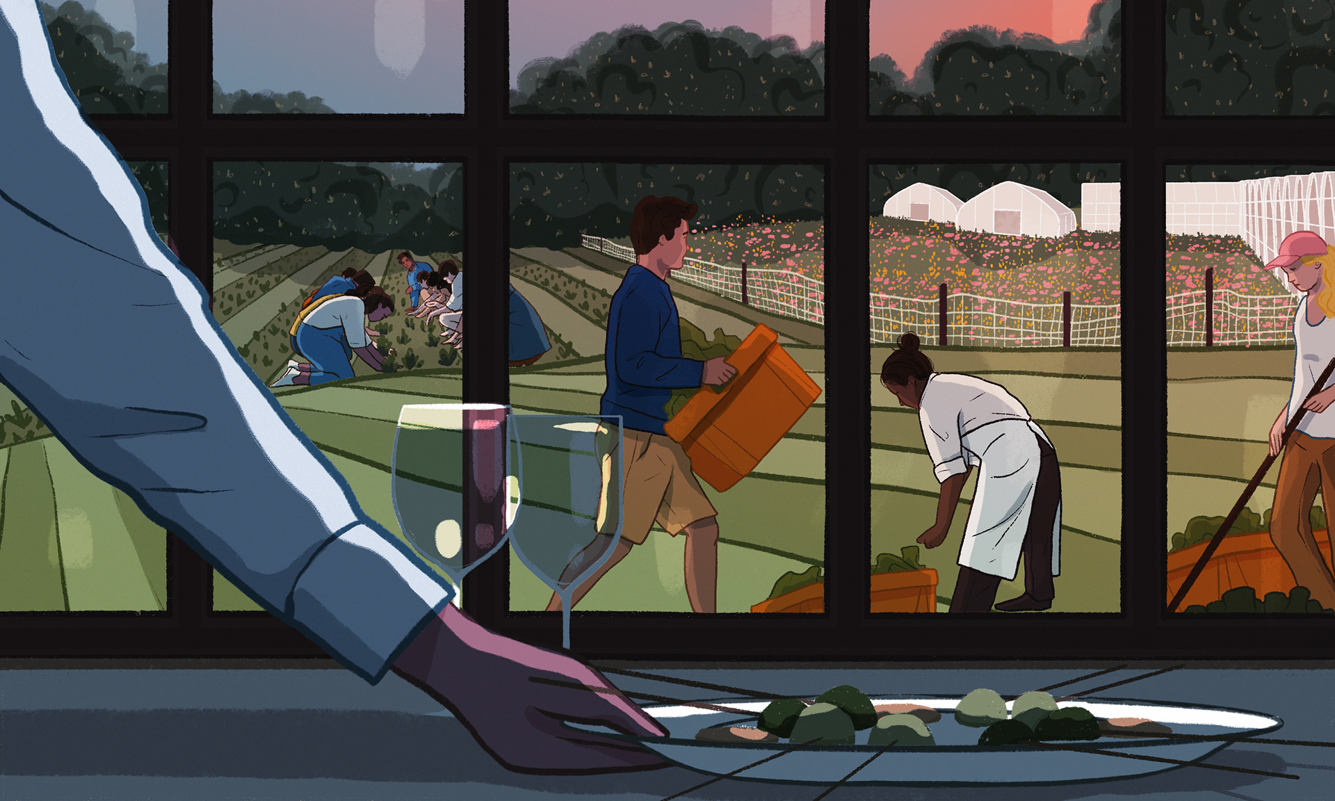 A server putting a plate down on a table while out the window, workers are harvesting in the fields