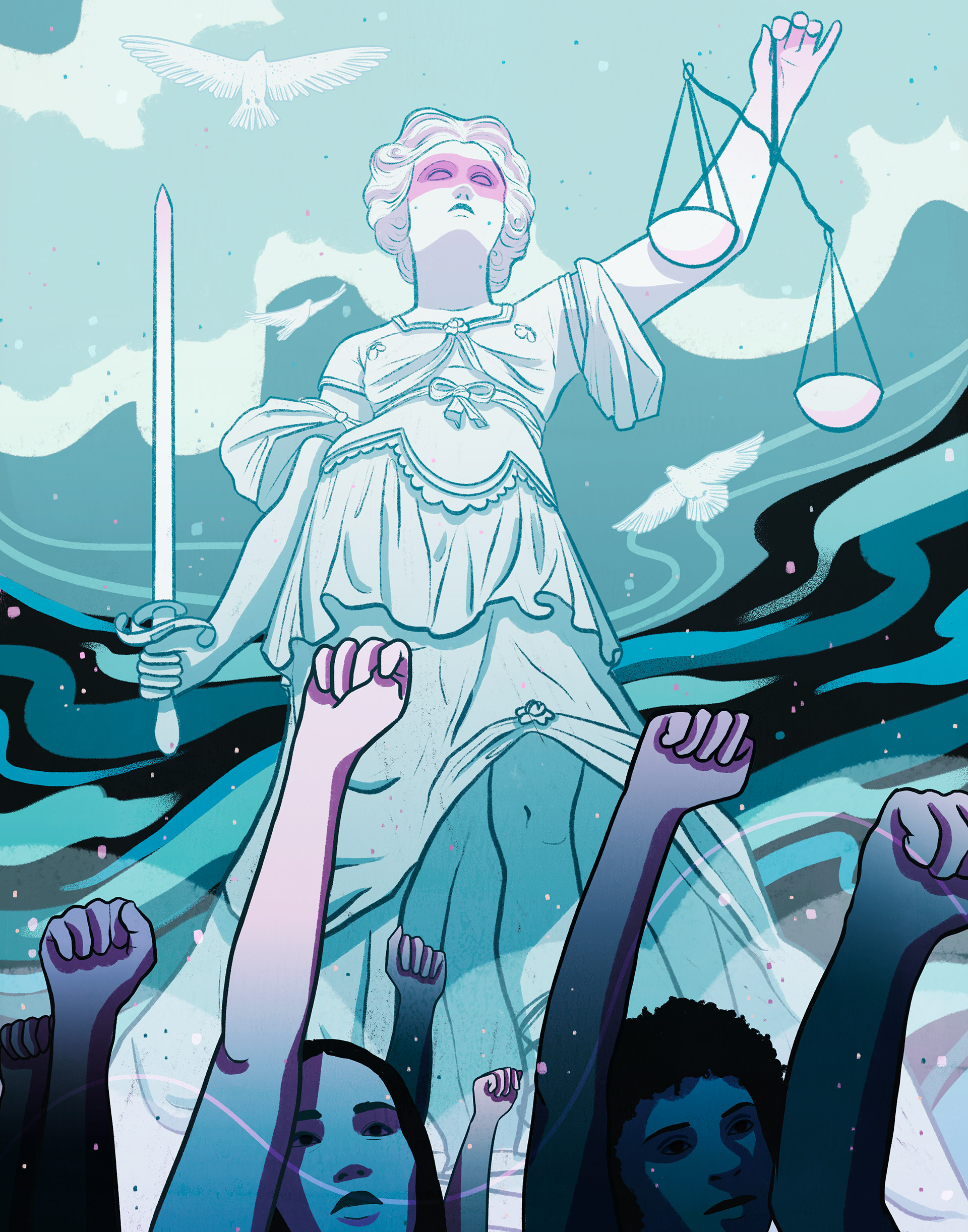 protesters gather around a statue of lady justice