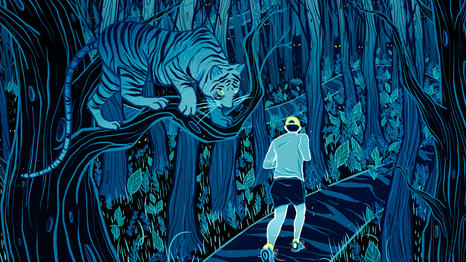 man running through a dark forest with a tiger lurking behind him