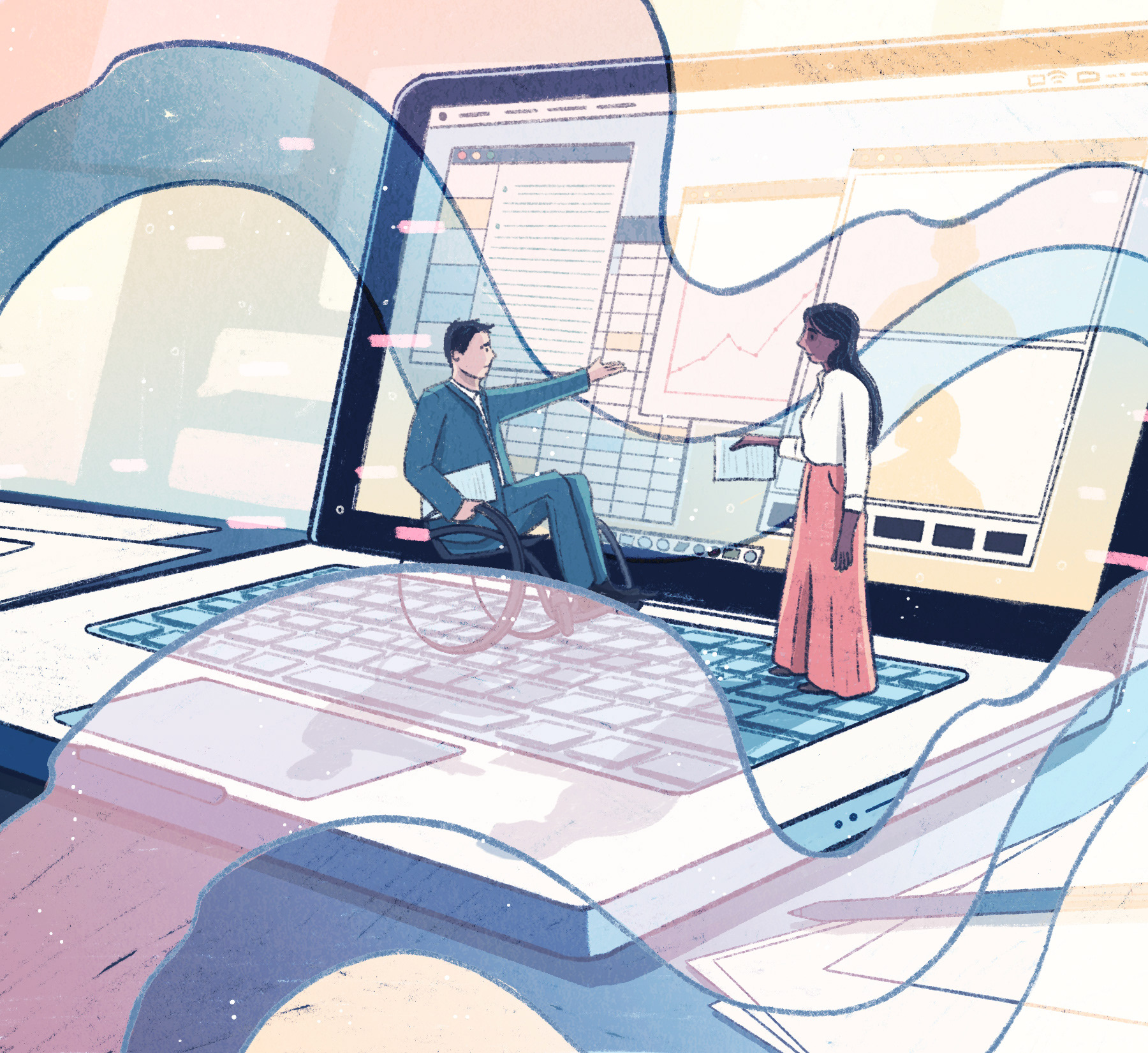 An employee and their boss standing in front of a laptop screen and reviewing work together