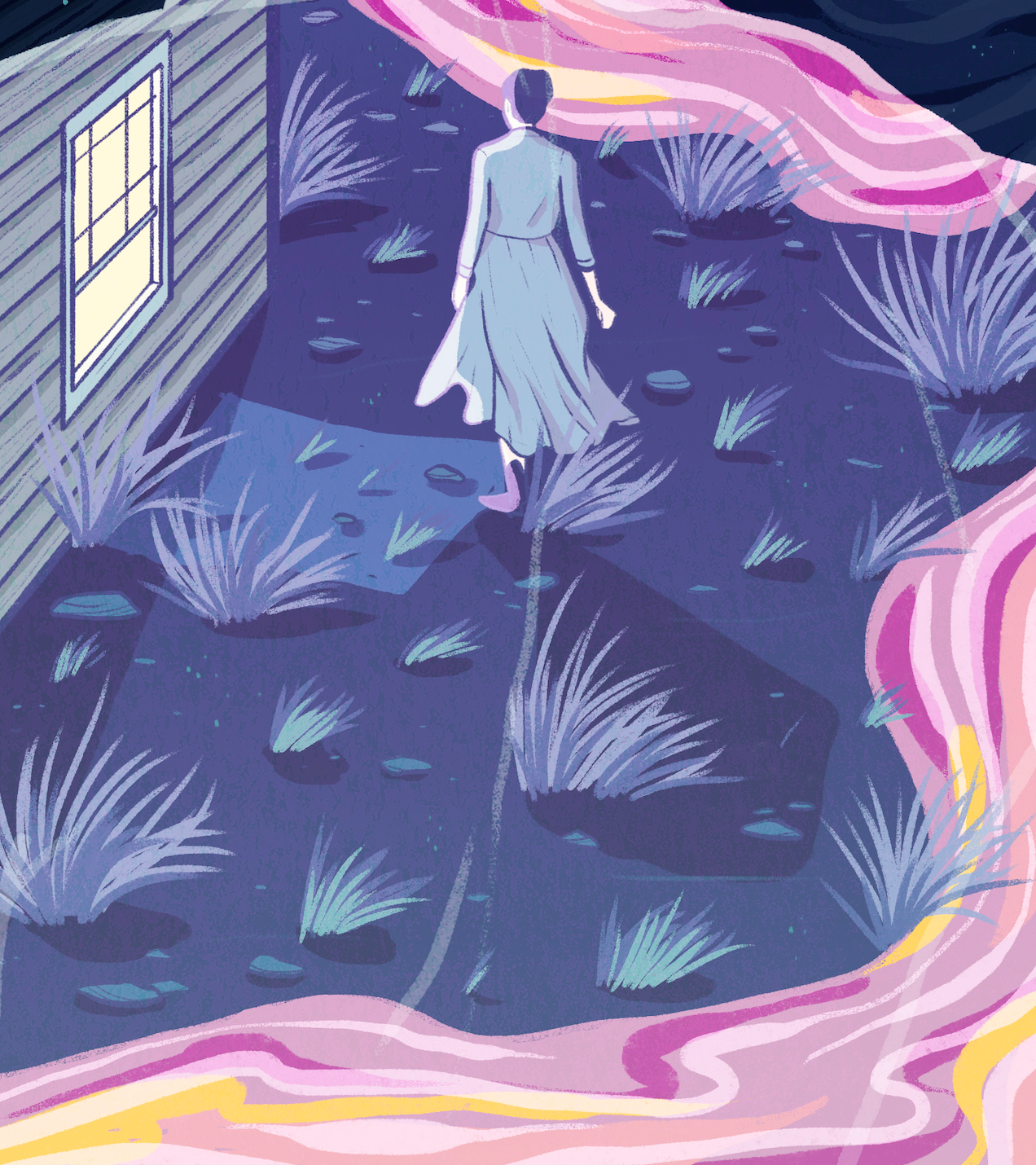 back of woman walking away along a stream