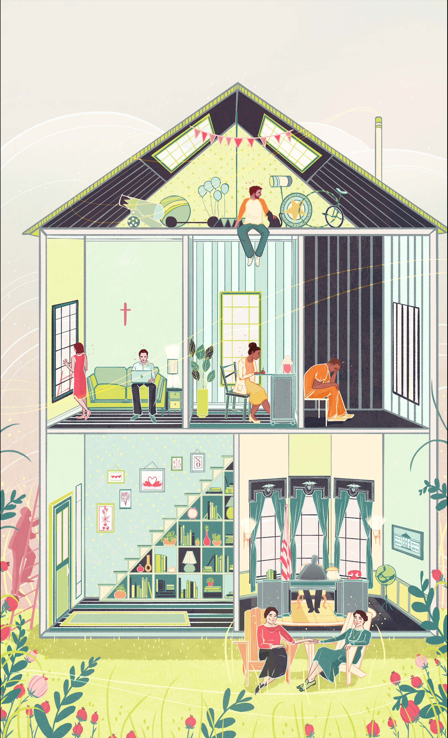 illustration of a house, each room a different scene
