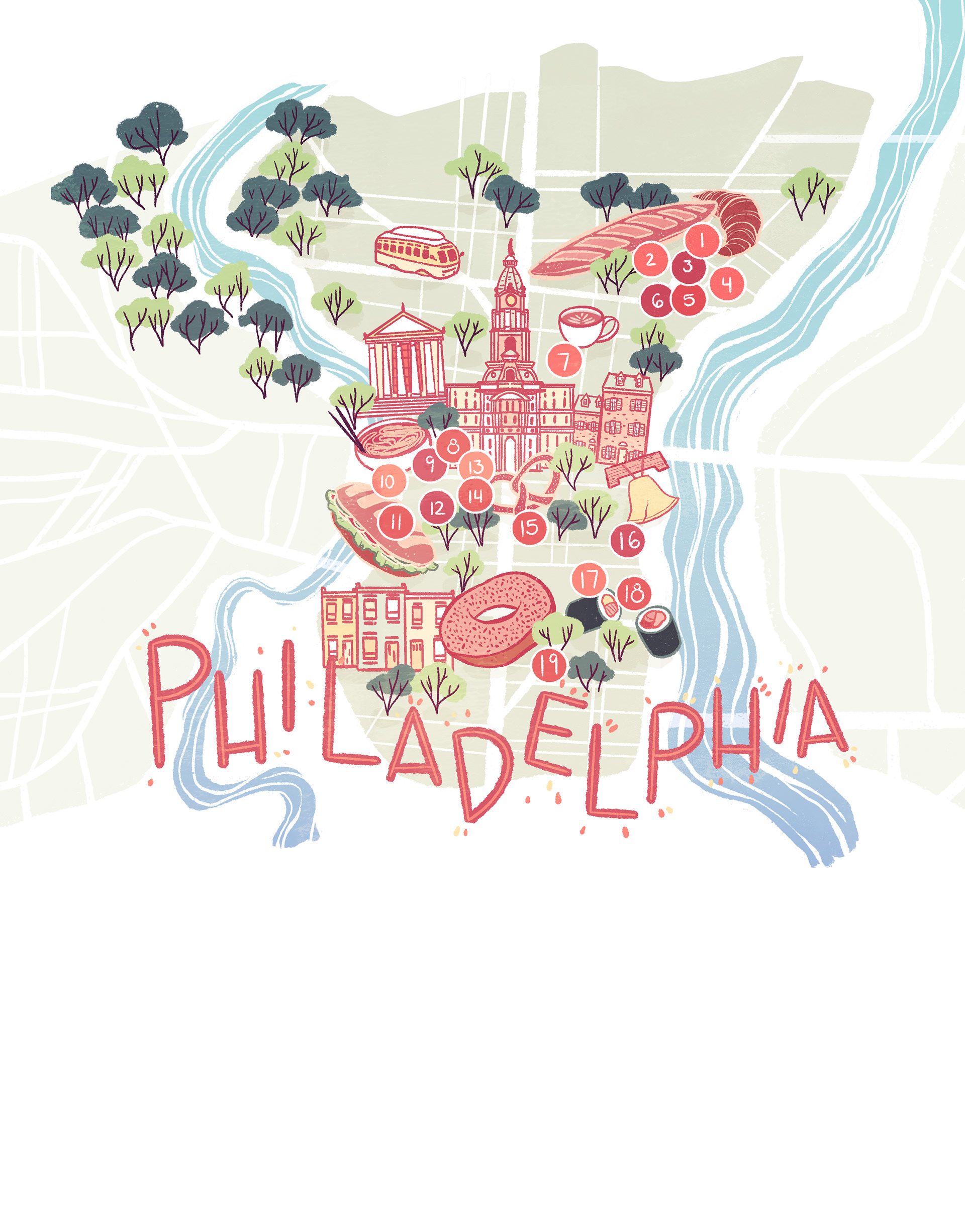 an illustrated map of the best restaurants in philadelphia