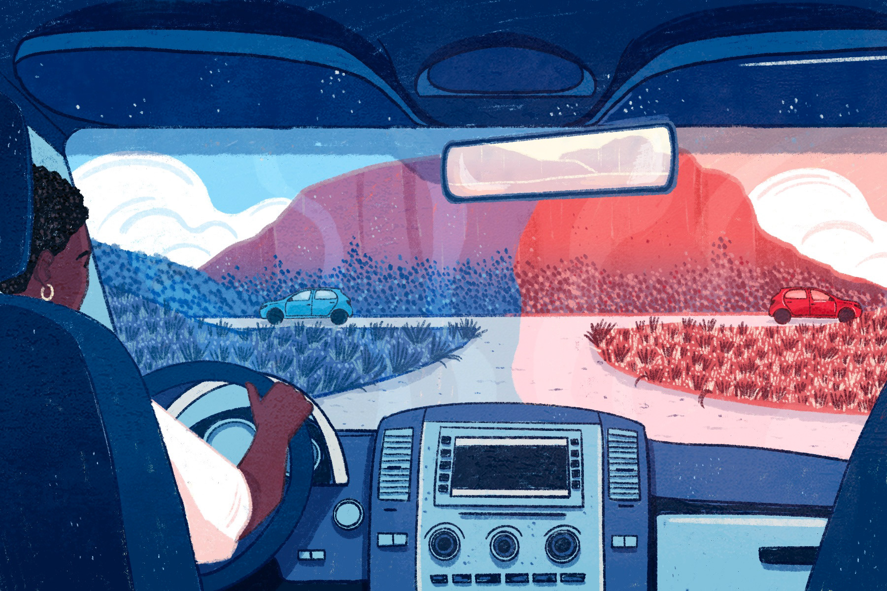 Rep. Donna Edwards driving her van, approaching a crossroad