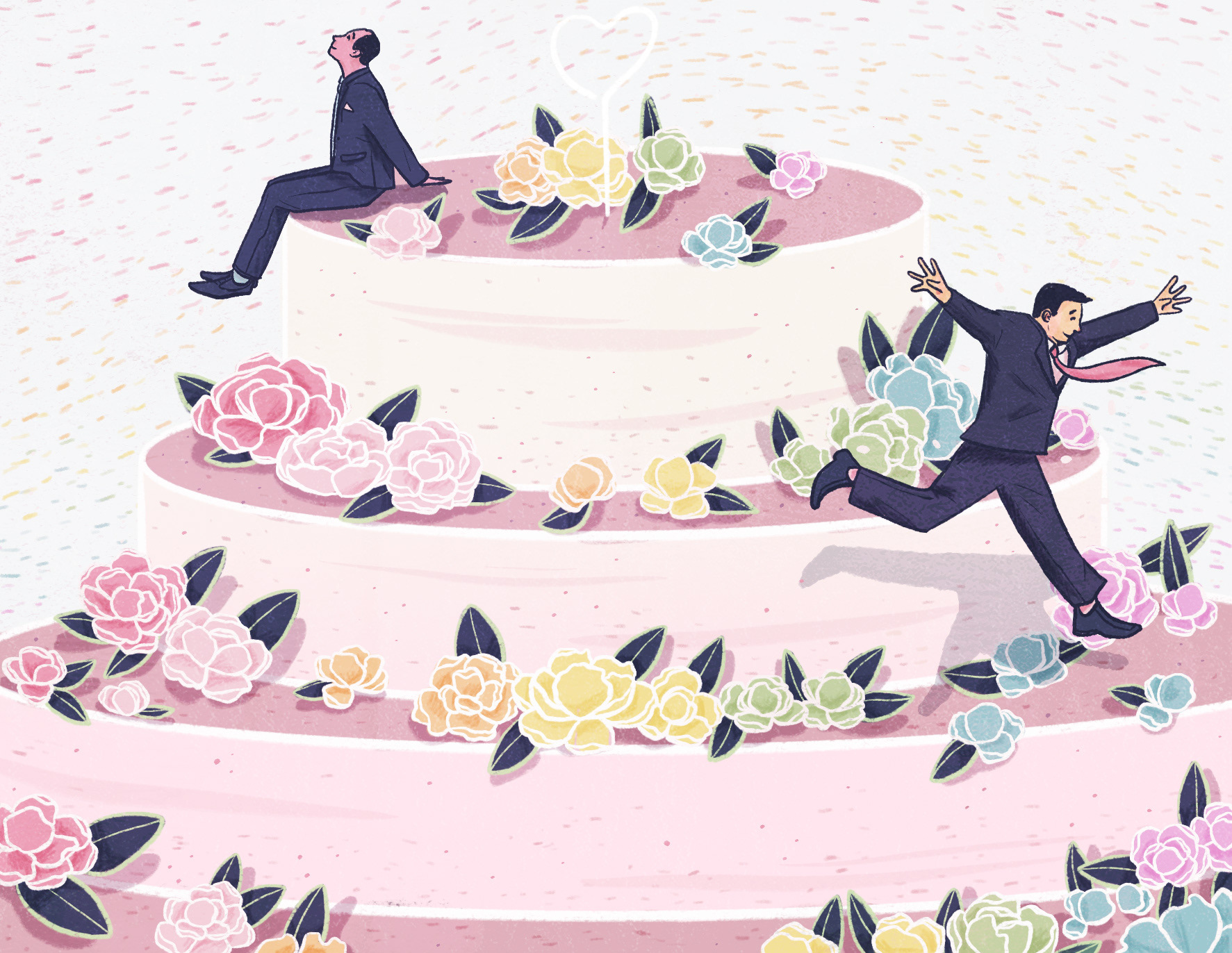 an illustration of a rainbow wedding cake with the cake topper grooms going their separate ways