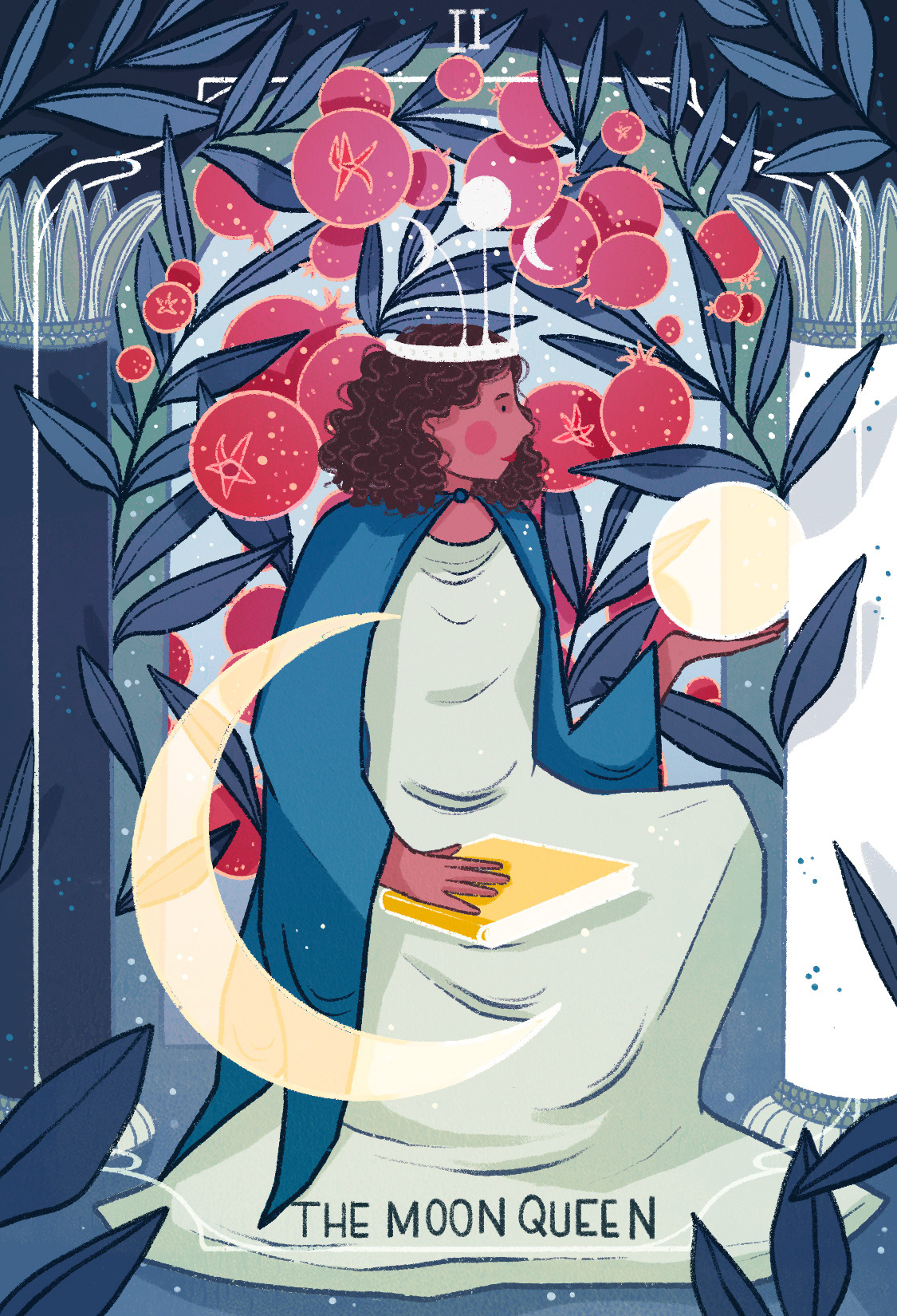 Girl on throne surrounded by pomegranates