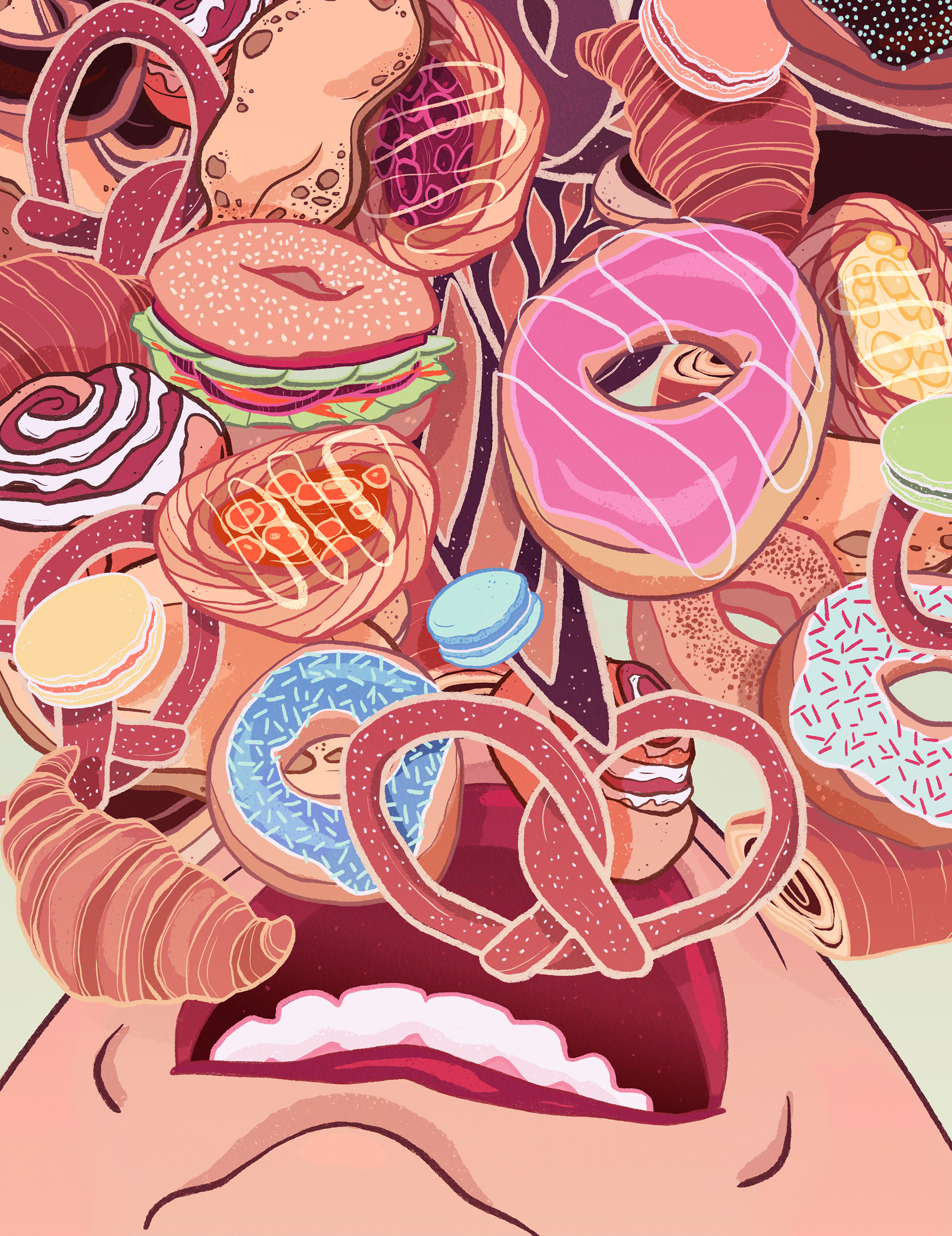 an illustration of pastries falling into a mouth