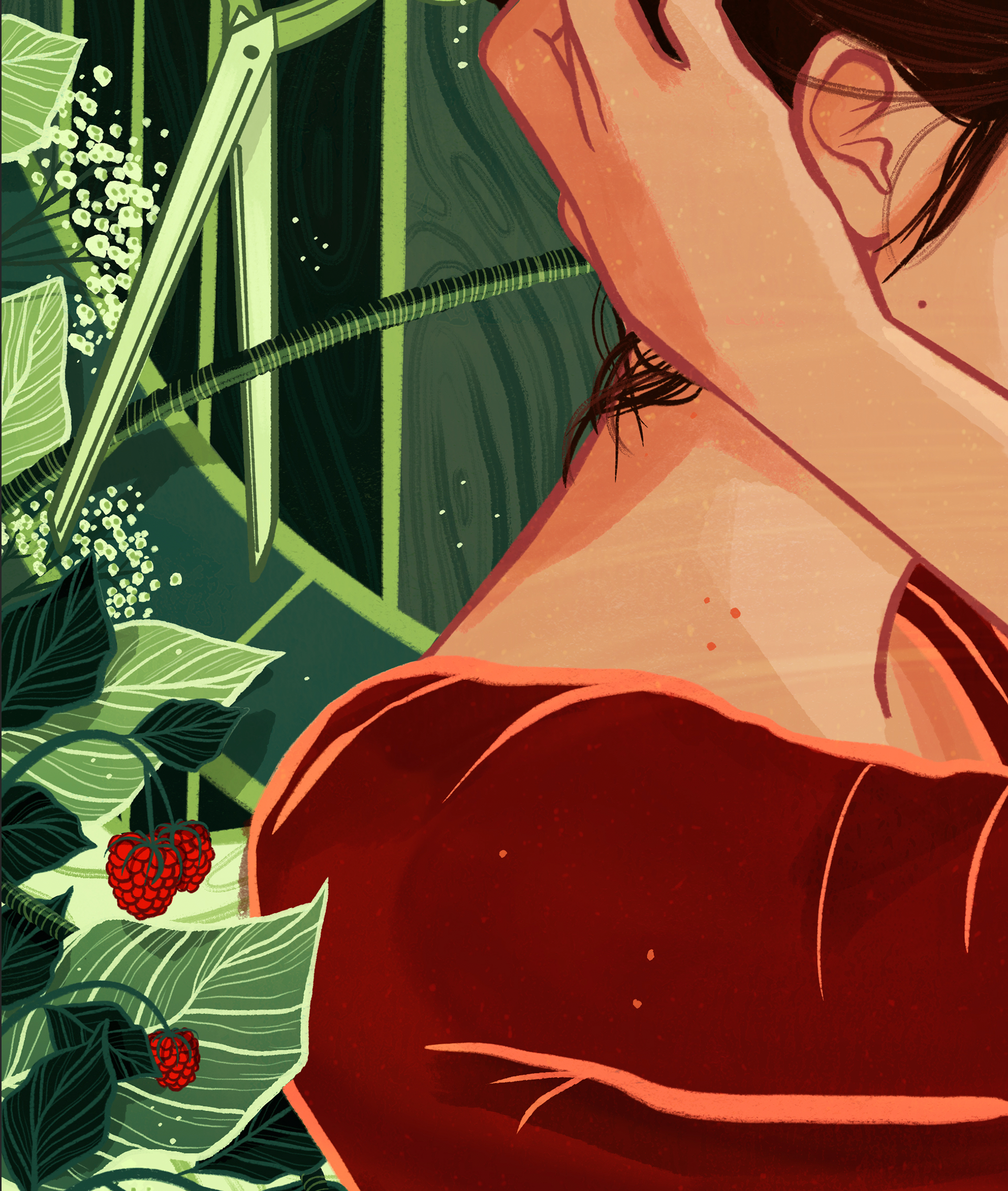 an illustrated portrait of amelie, surrounded by her favorite things