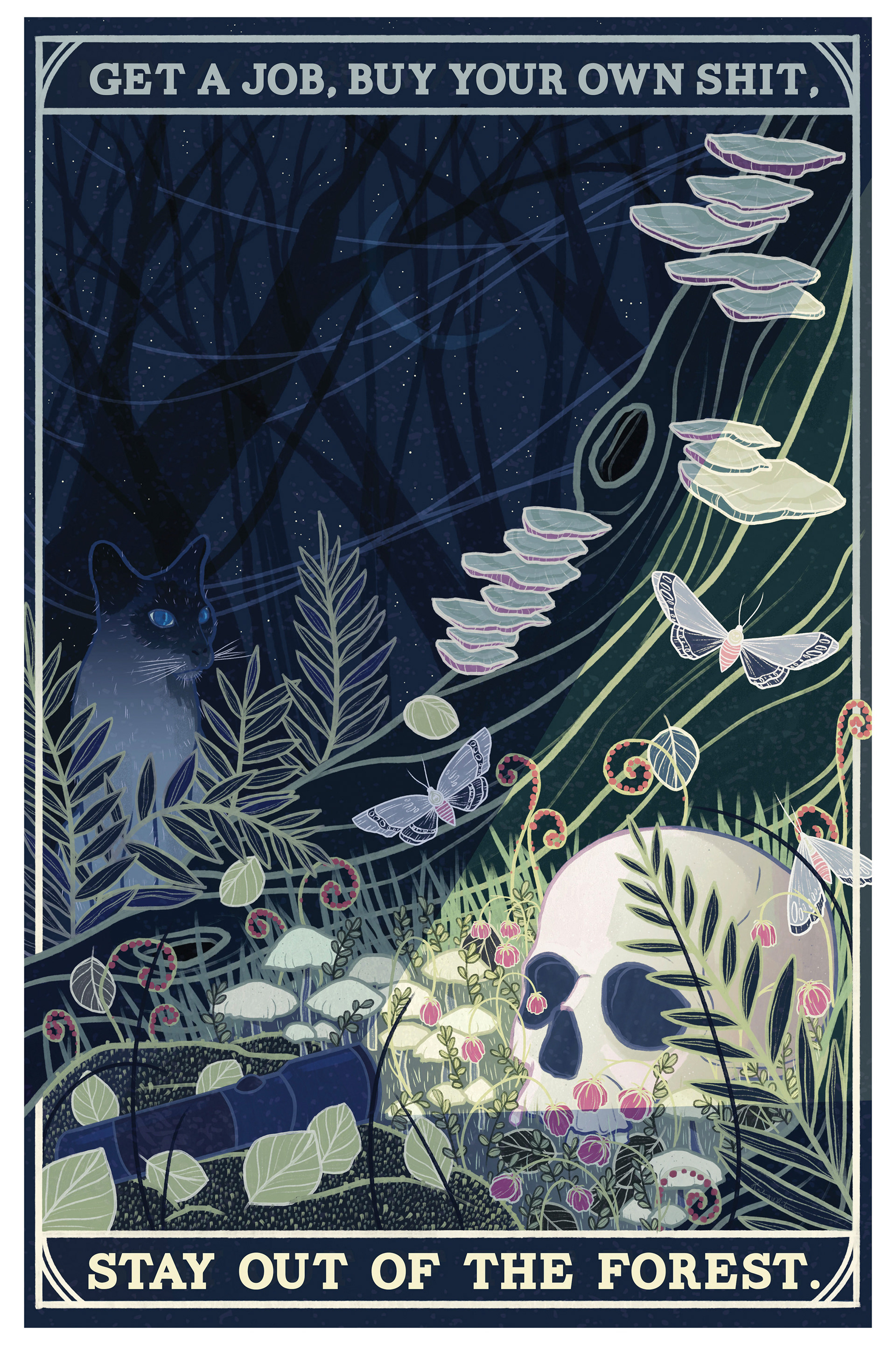 an illustration of a nighttime forest where a flashlight shines on a skull