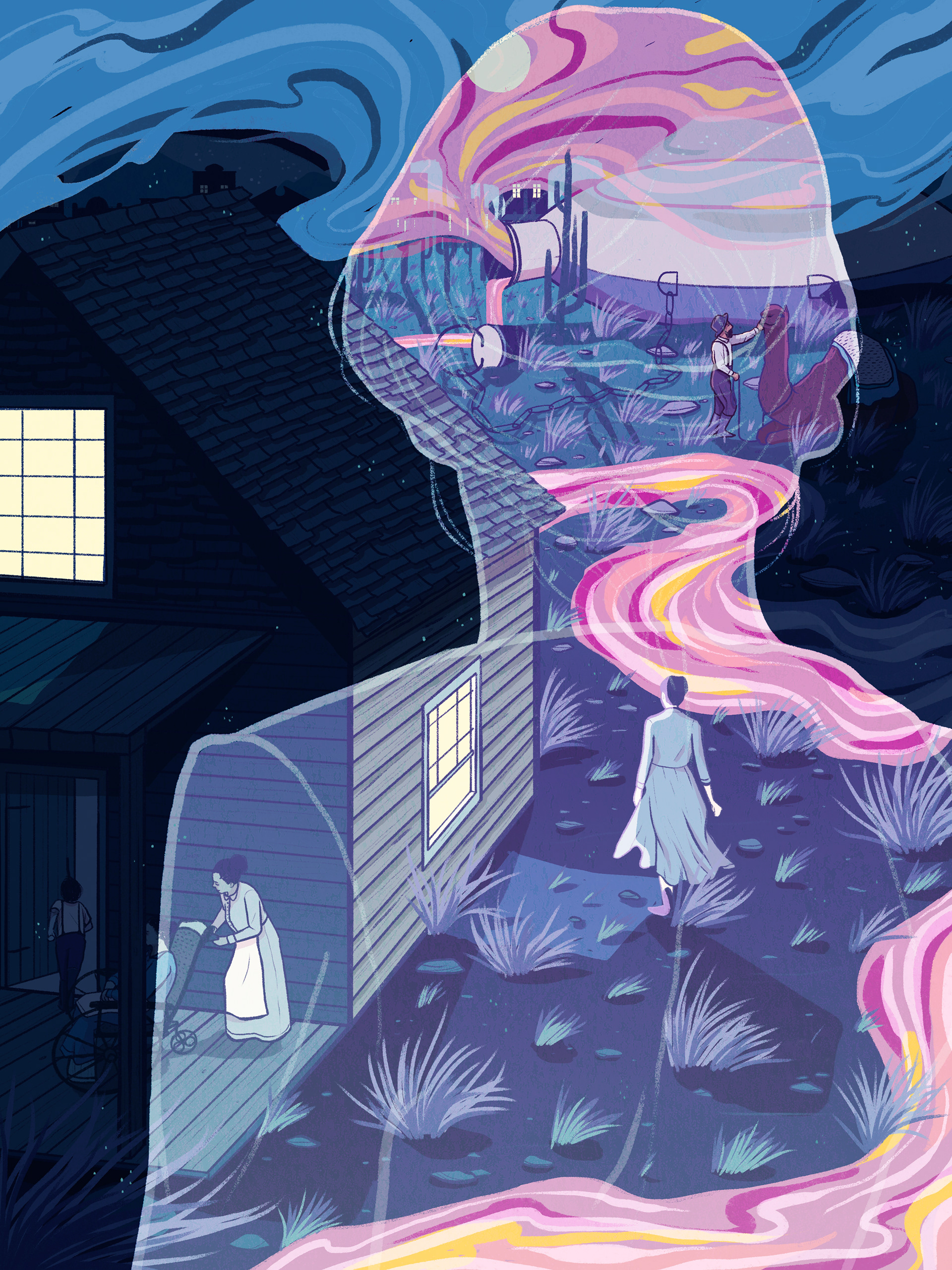 Ghost looking out at a desert with a spilling canteen