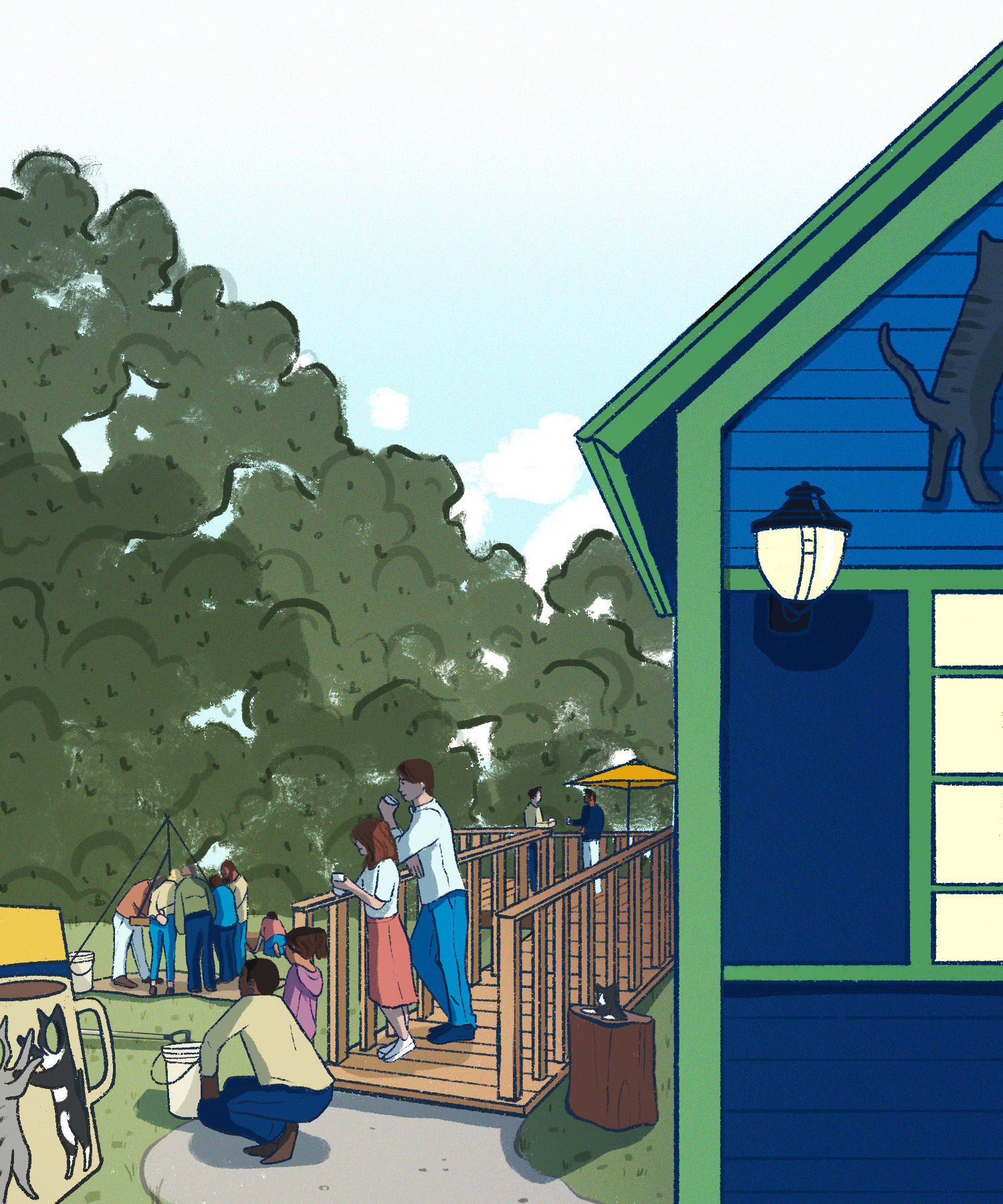 Families watching the archeologists at the dig site at the cafe