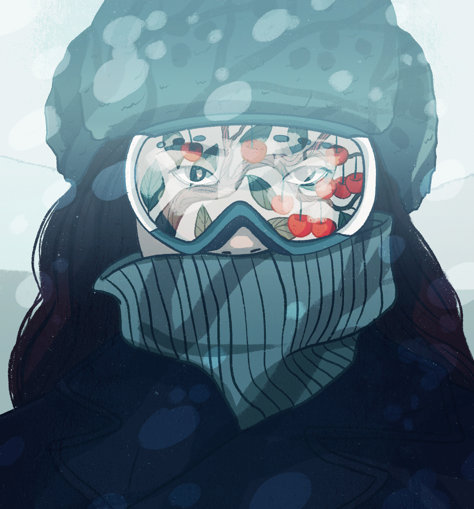 Closeup of woman's face wearing ski goggles, showing a reflection of a cherry tree in the snow