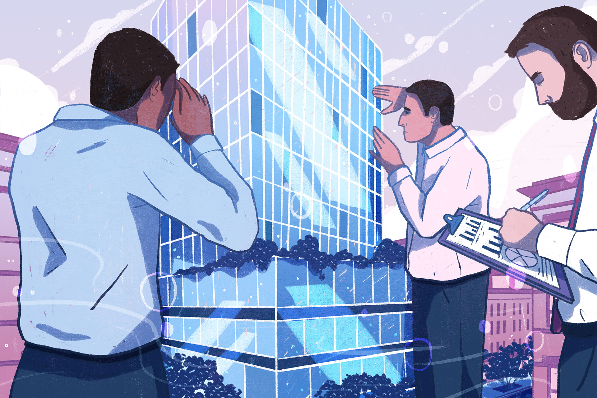 giant men in suits peeking into the side of a skyscraper