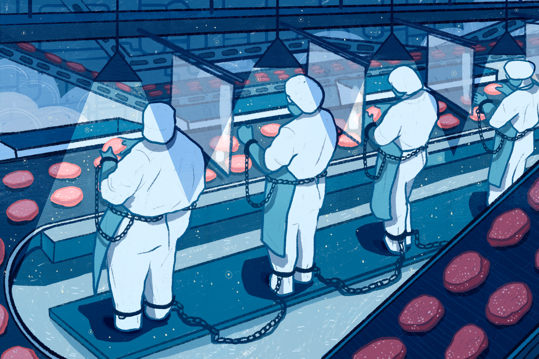 workers shackled together on assembly line in meat packing plant