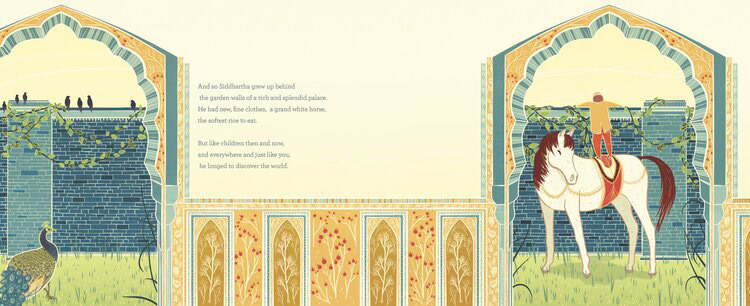 boy standing on the back of his horse to look over a brick wall