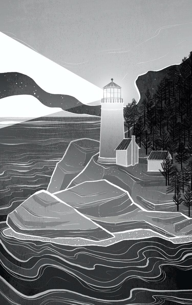 black and white illustration of a lighthouse on a rocky coast