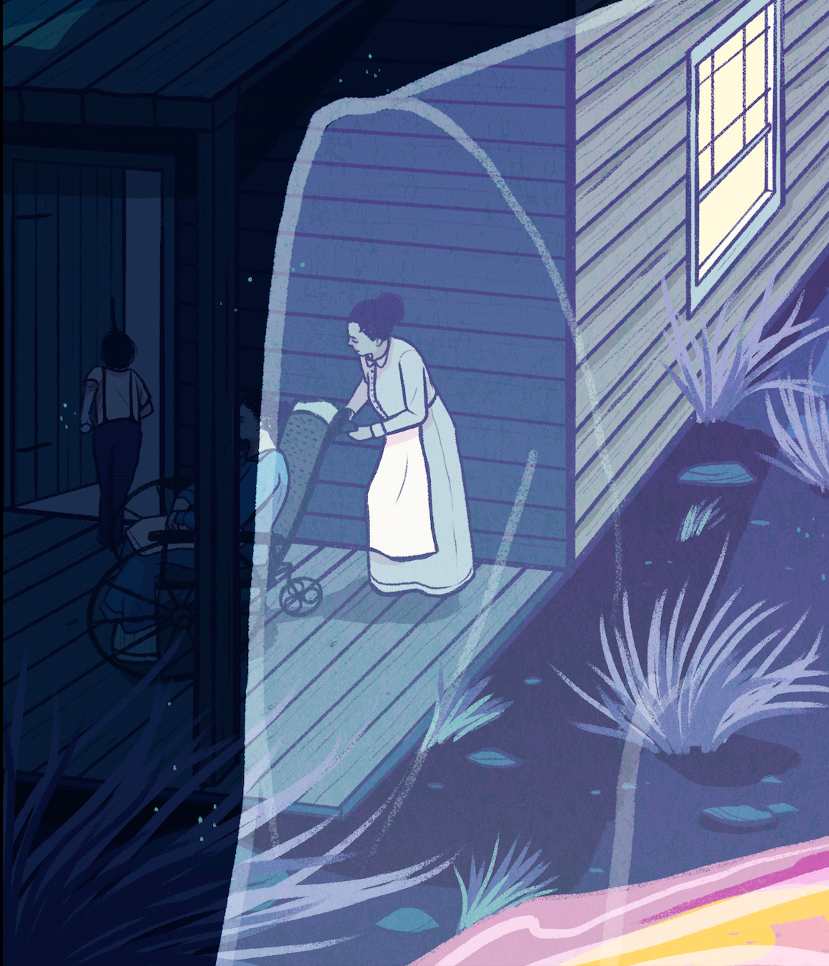 woman pushing and older woman in a wheelchair on a front porch following a boy running inside a house