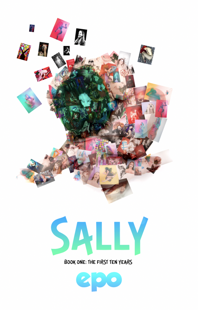 A mosaic of photographs form the image of a model and scatter off of her, the title reads Sally