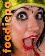 Book cover featuring close up on woman's face with a hollowed out watermelon on her head. The title reads Foodiepo