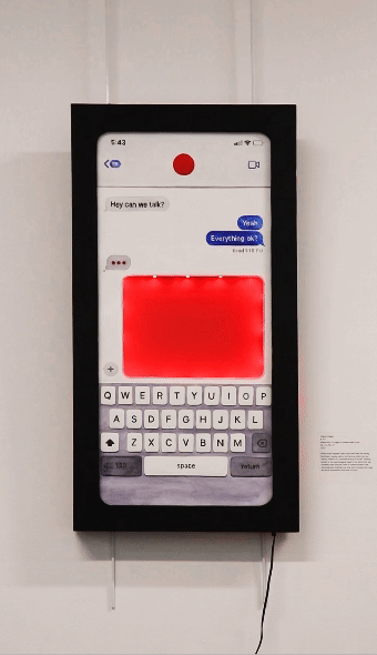 Screenshot of iPhone text conversation, 2.5 feet tall. Within the typing box, red LED lights flash like a heartbeat.