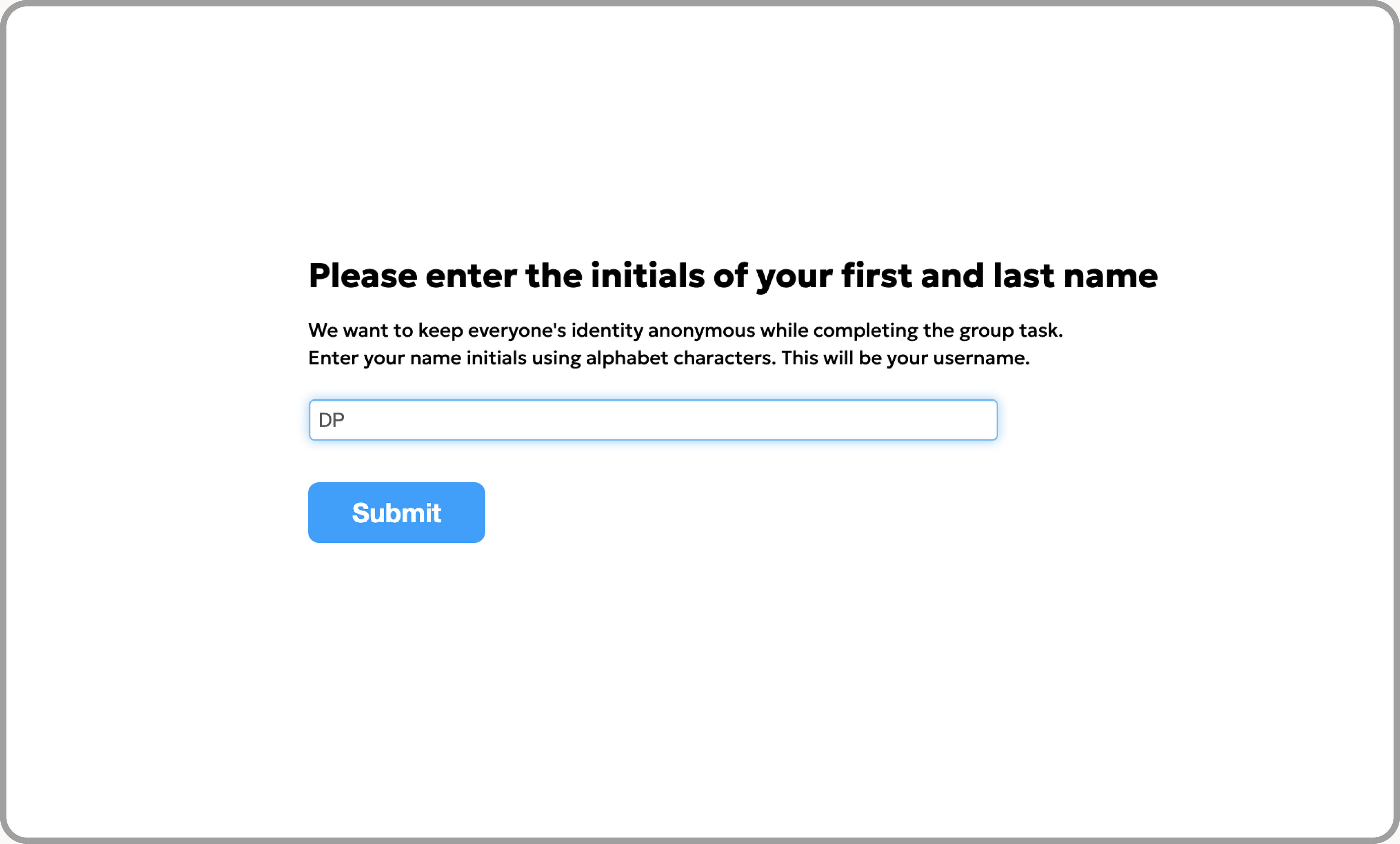 Experiment screenshot: Please enter the initials of your first and last name