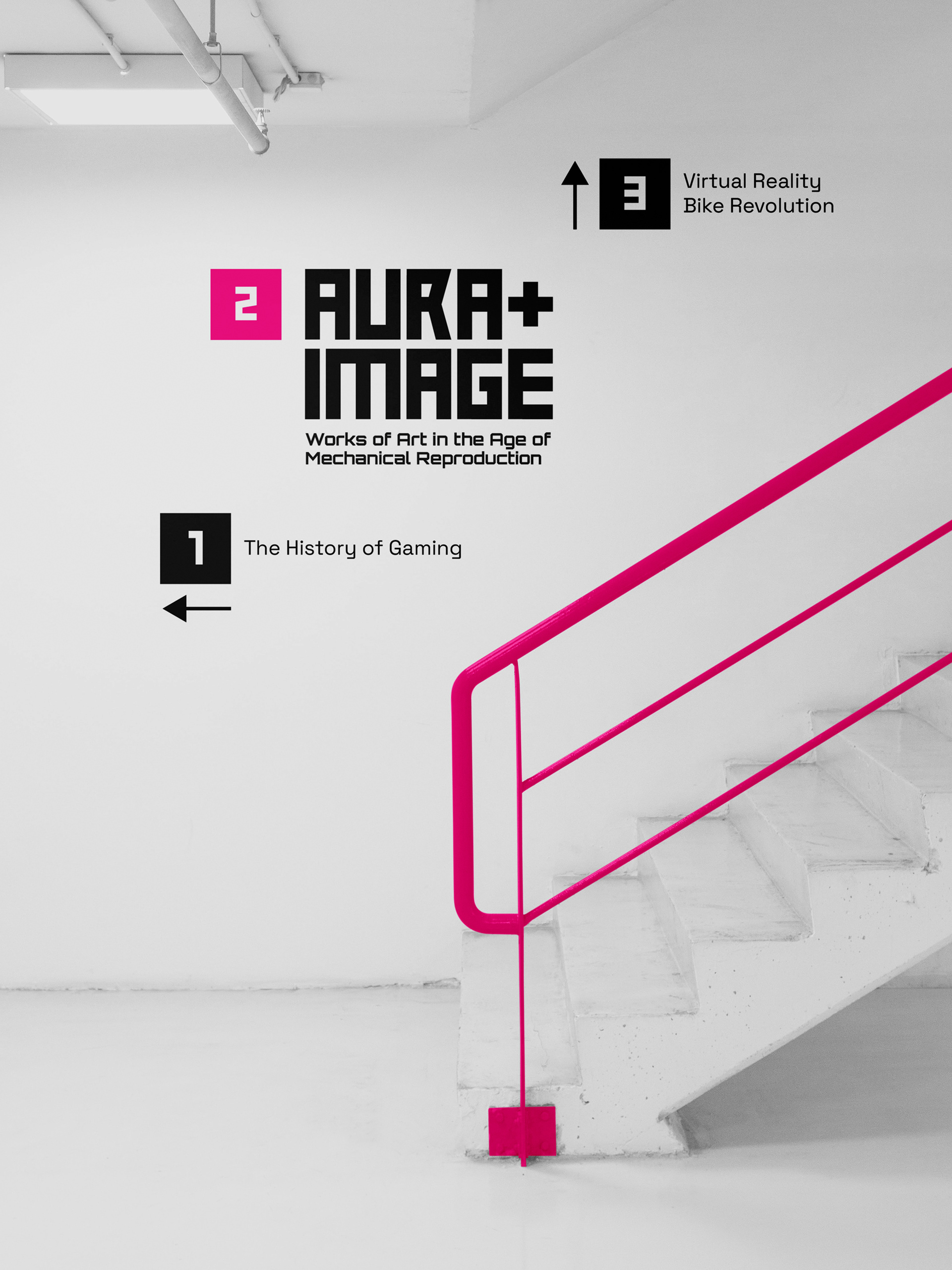 Museum interior way finding mockup at staircase showing 3 floors and their respective exhibition titles.
