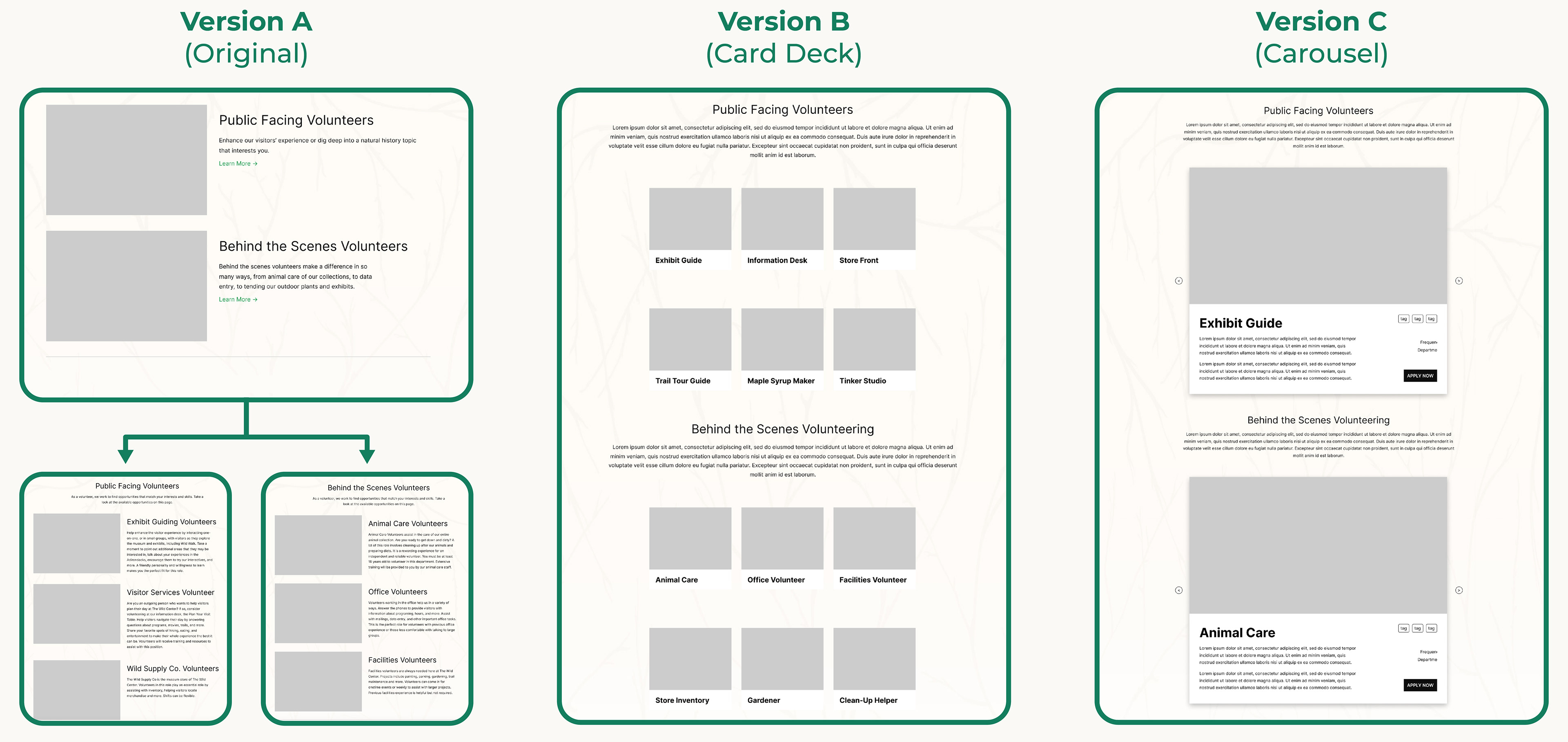 Screenshots of 3 prototype versions: A is the original design, B is a card deck layout, and C is a carousel layout