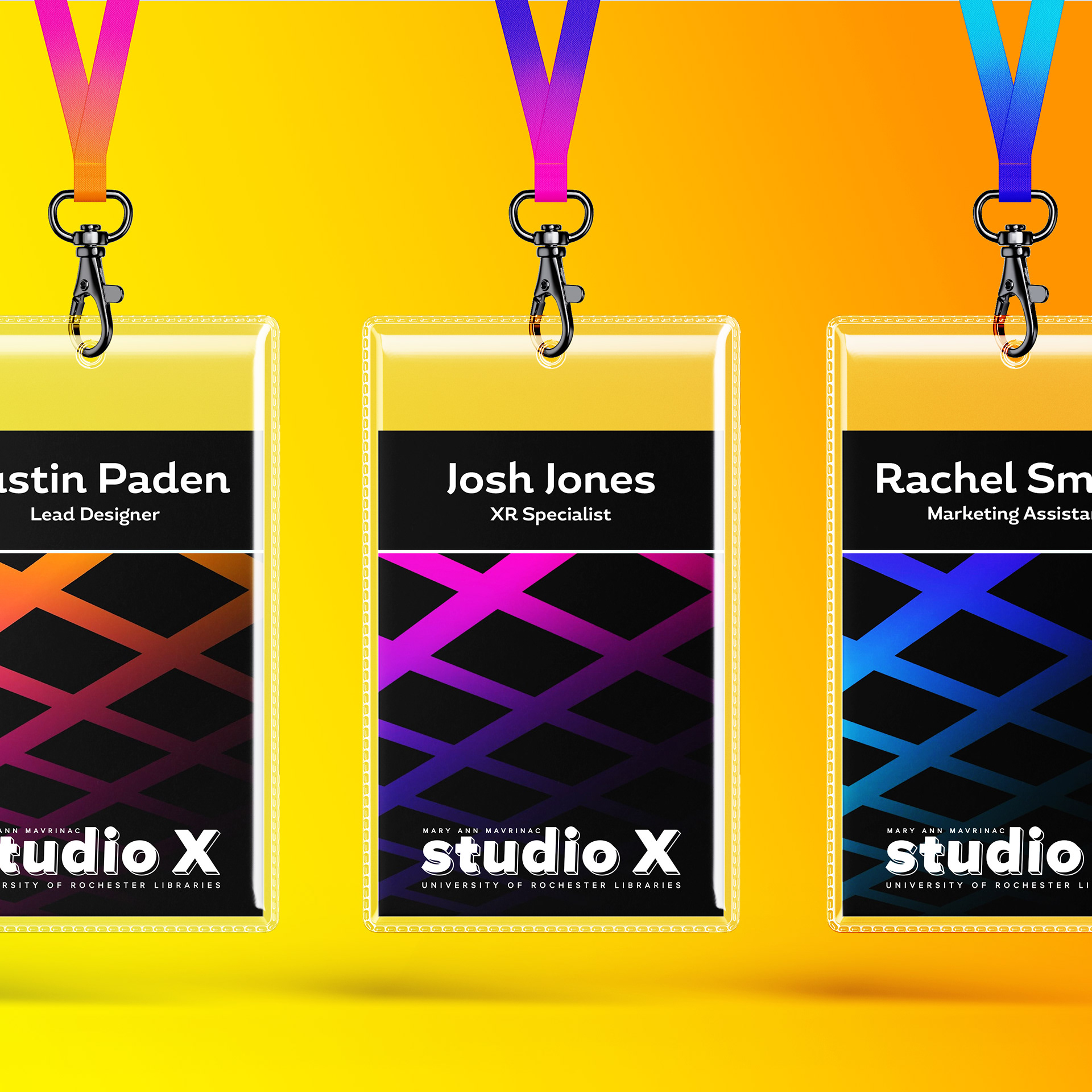 Three Studio X name tag lanyards exemplifying the brand's typography, gradients, wordmark, and grid pattern.