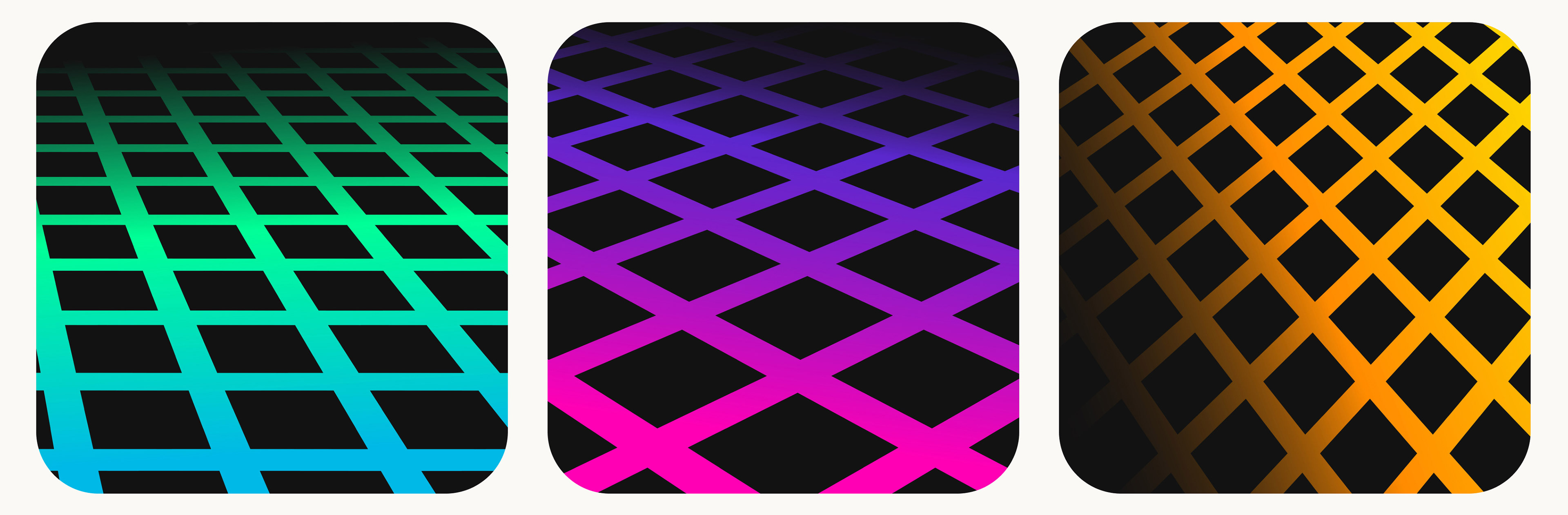 3 examples of the grid, each with a different perspective distort and colored gradient.