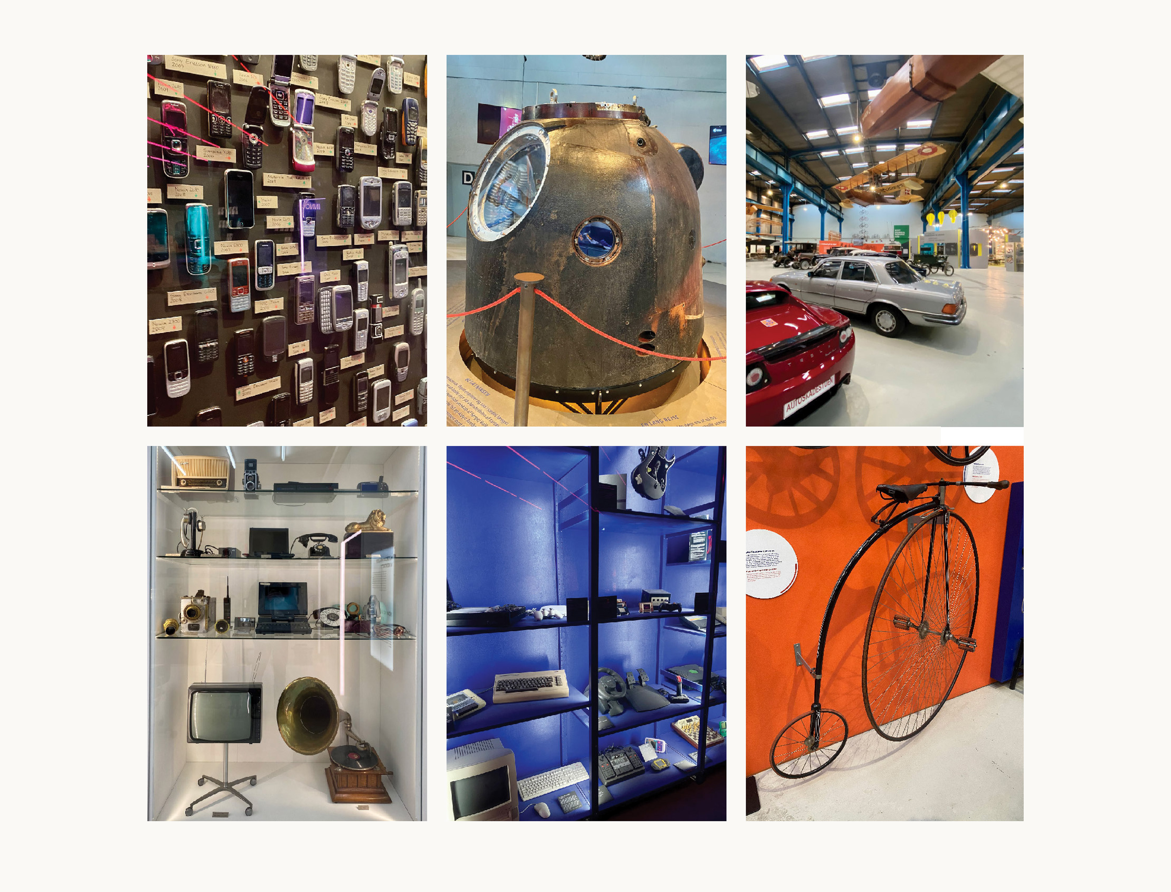 Images of technologies on view in the museum, including retro smartphones, cars, bikes, and computers.