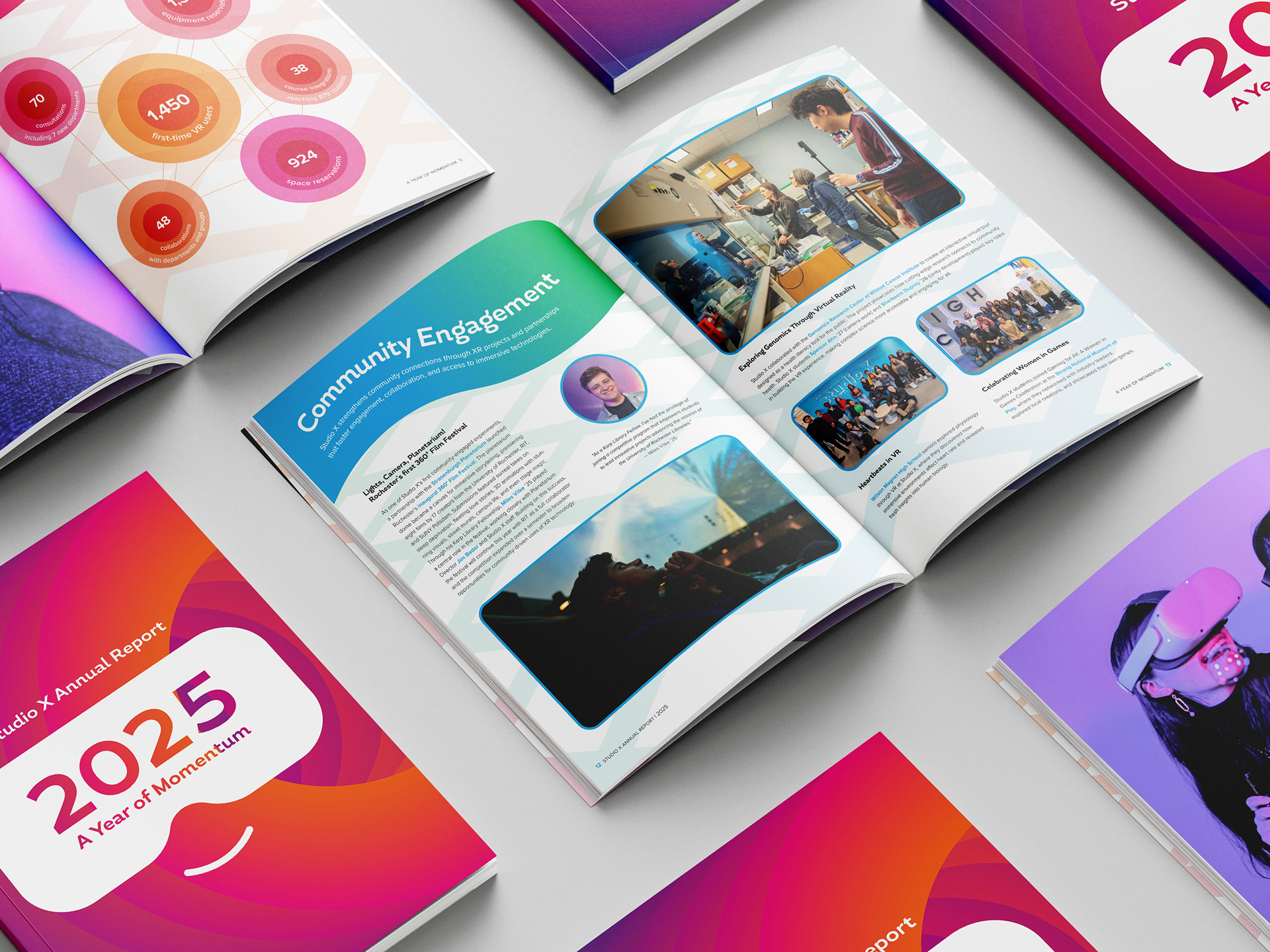 Spread of printed books showing page designs from the annual report.