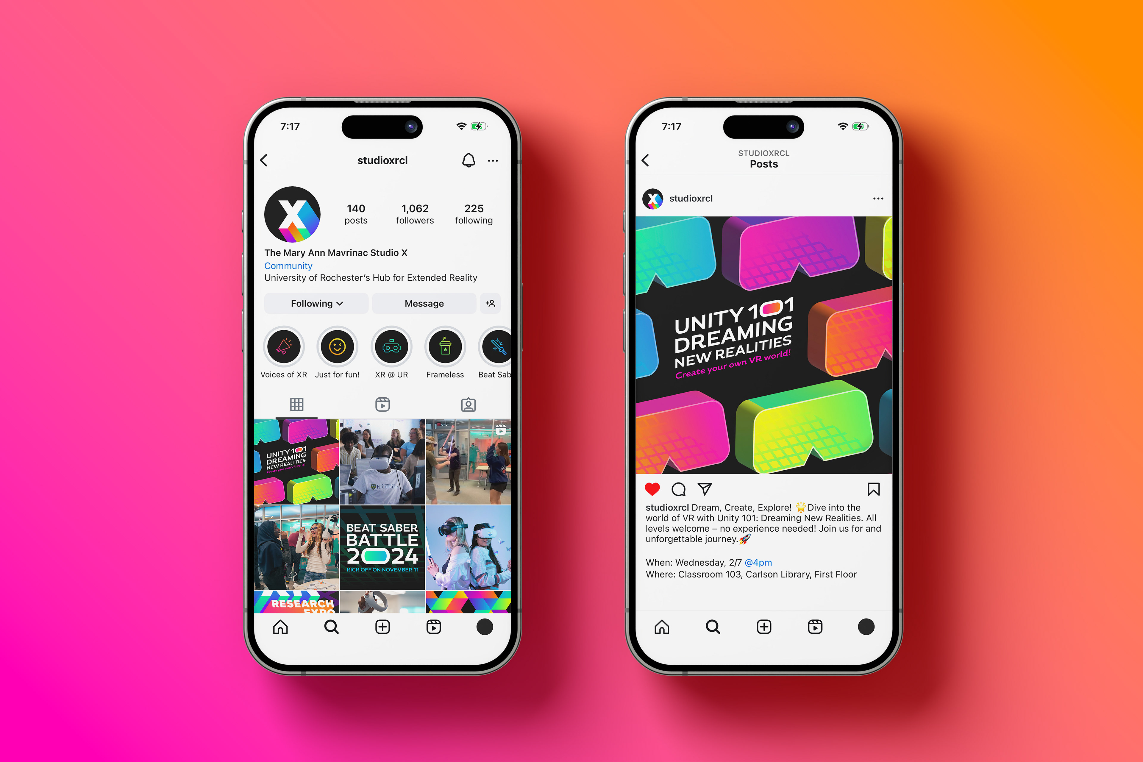 Instagram mockup showcasing the favicon profile picture, story icon covers, and a feed of graphics and photos of visitors using headsets.