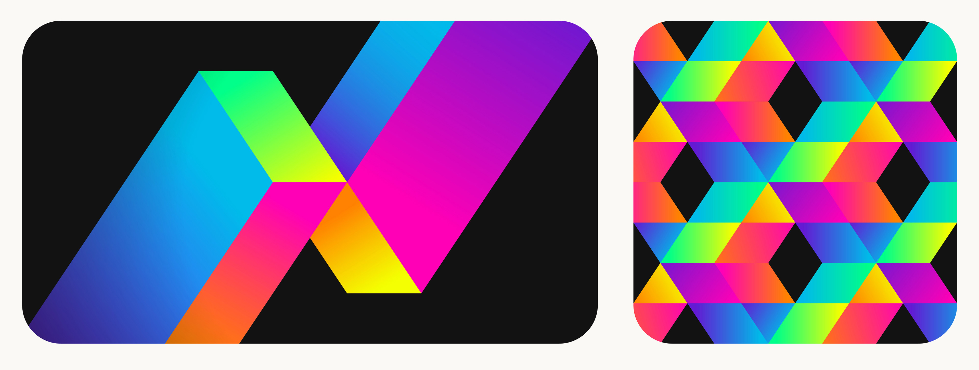 Left image: colorful gradients building an X using the modular parts. Right image: Colorful gradient pattern made by stacking the smallest parallelogram modular part.